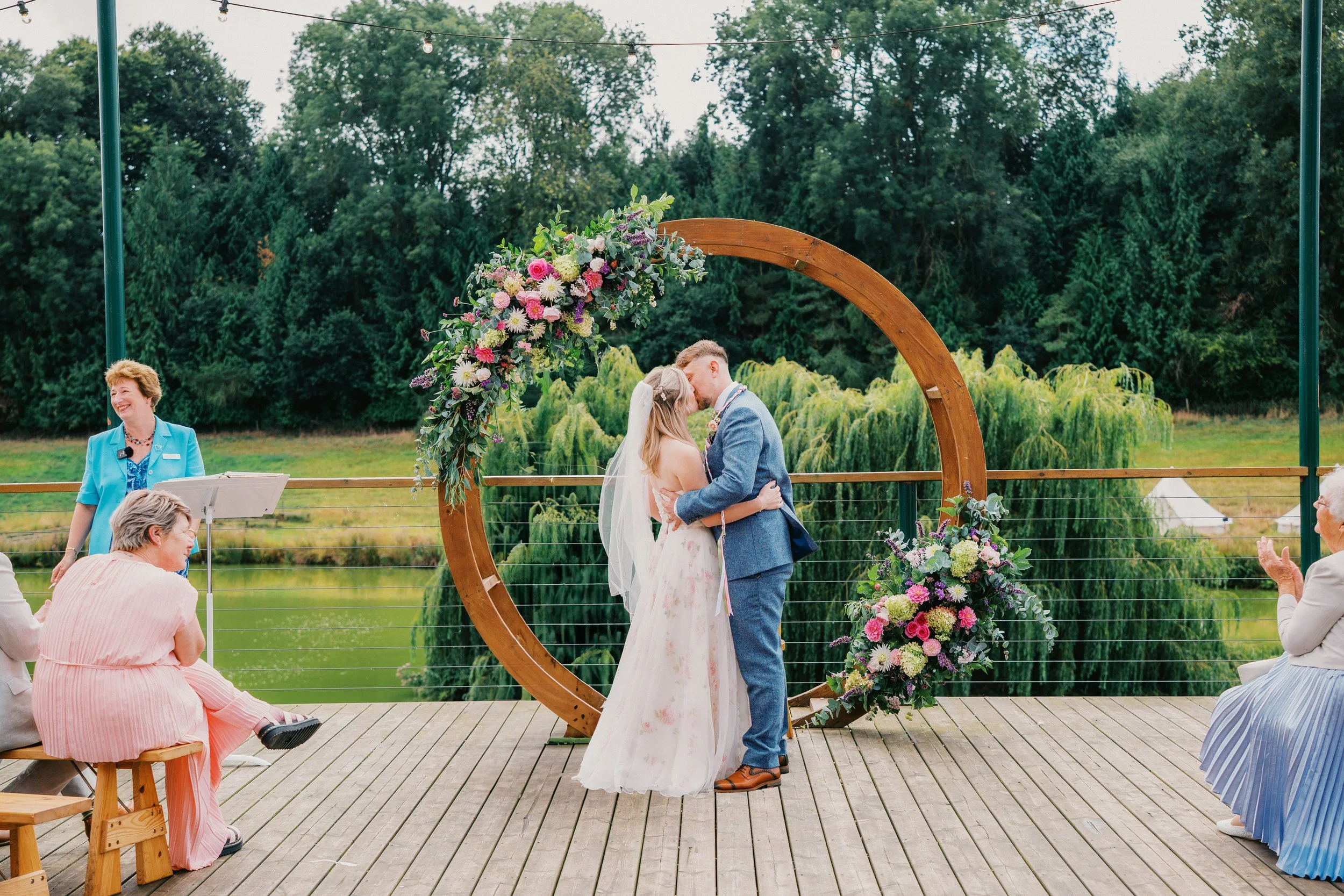 first kiss in wedding ceremony at Hadsham Farm Banbury 