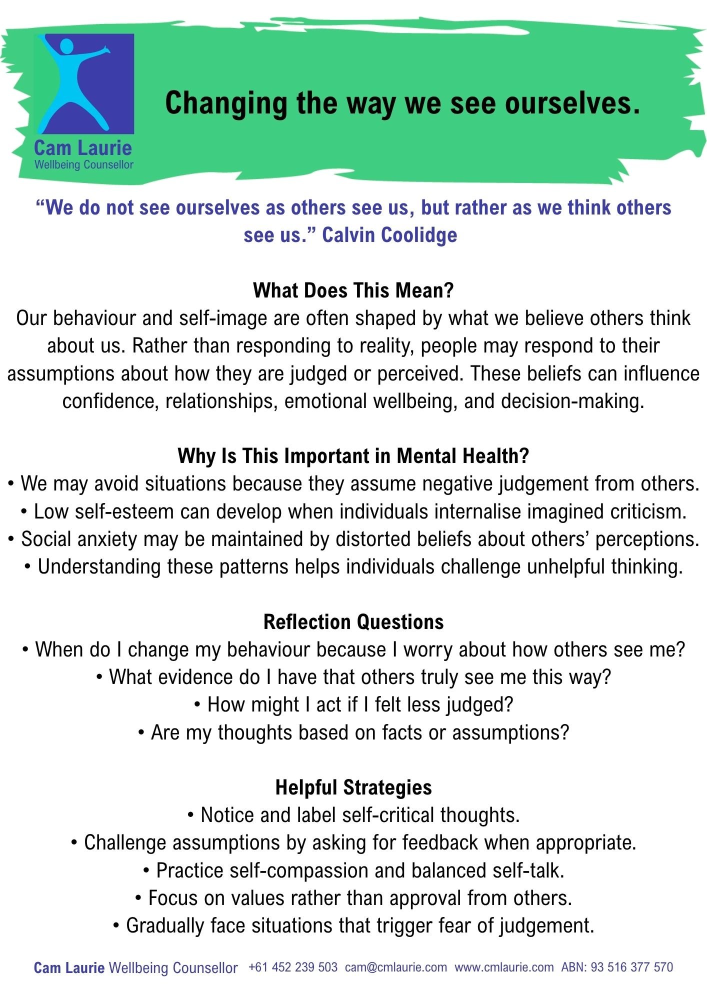 A wellness poster titled "Changing the way we see ourselves," featuring a quote from Calvin Coolidge about perception, and informational text about mental health, self-image, reflection questions, and strategies from Cam Laurie, a Wellbeing Counsellor.