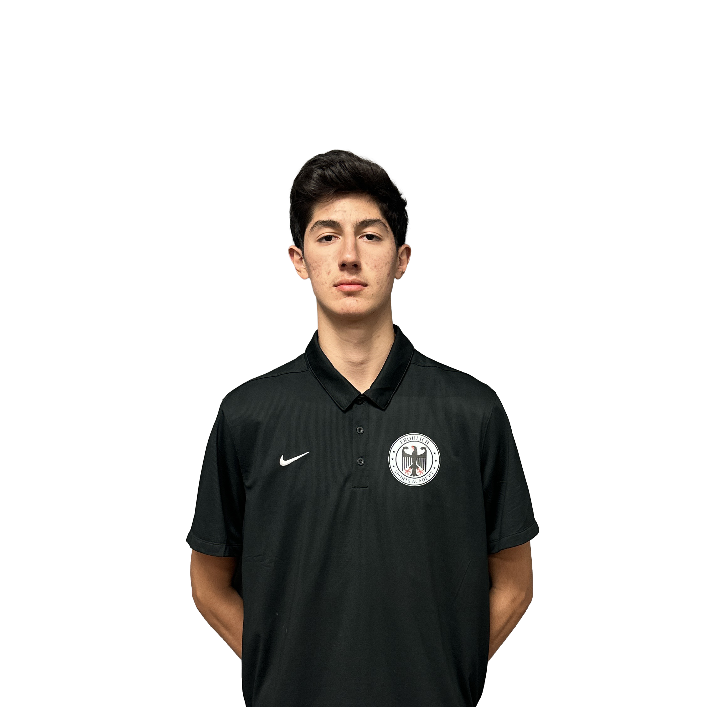 Young male athlete with black hair, wearing a black t-shirt and a red sports jersey with 'FROHLICH' written on it.
