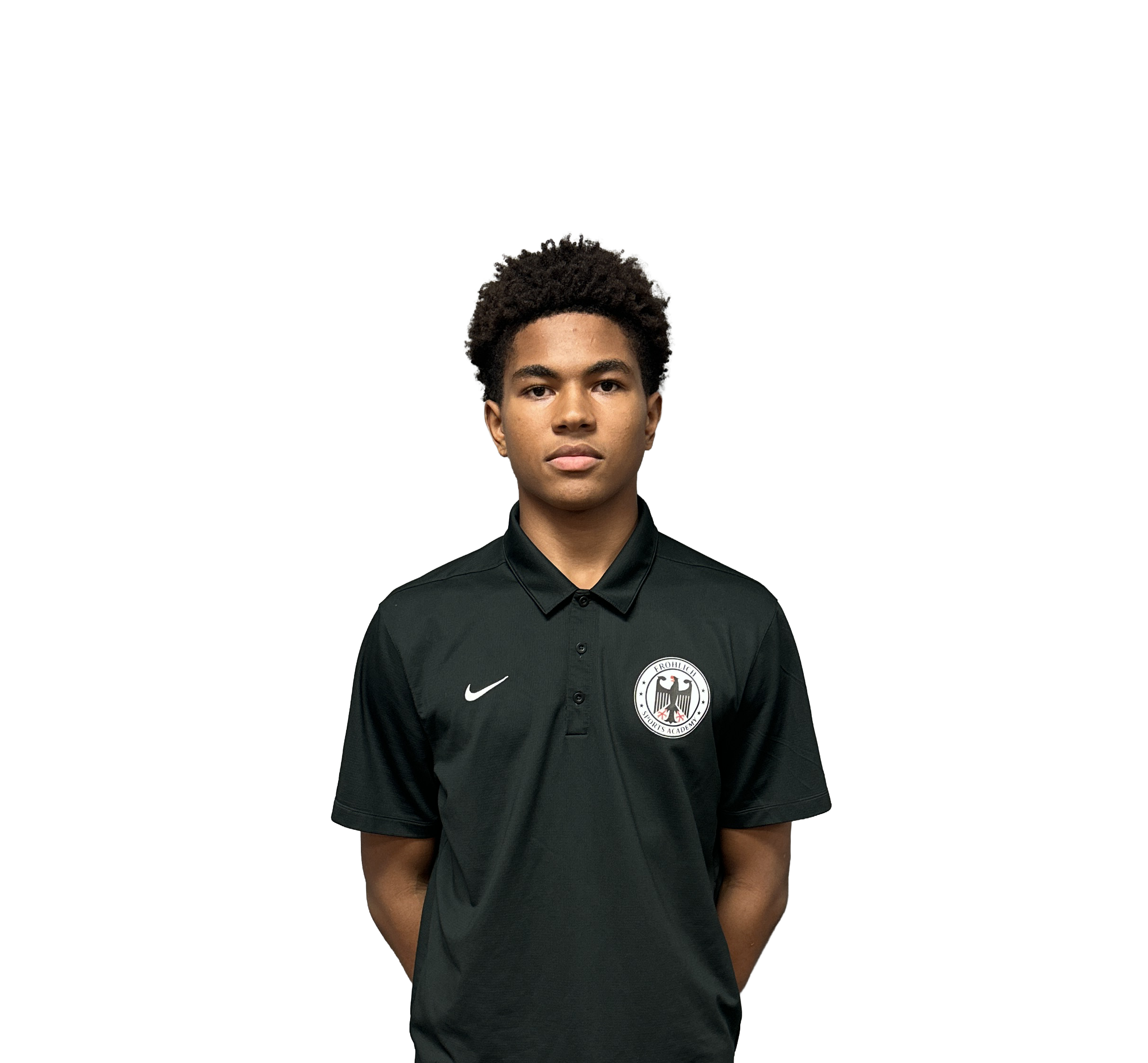 Young boy wearing a red sports jersey with 'FROHLICK' printed on it, standing against a plain background.