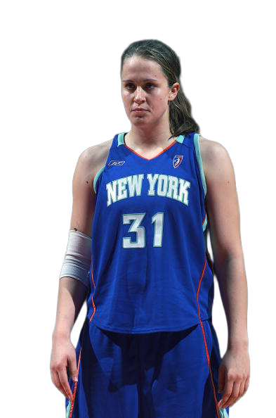 A female basketball player wearing a blue New York jersey with the number 31, standing against a black background.