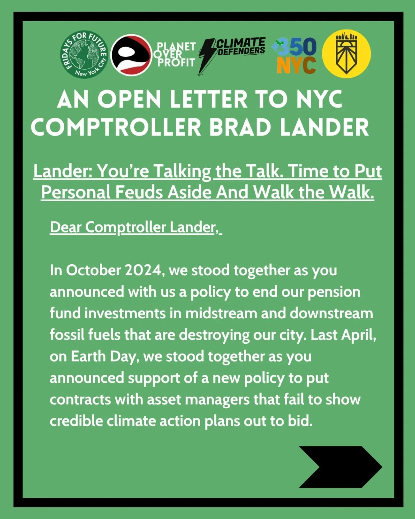 Our official joint statement on what&rsquo;s next in our work with Comptroller Lander's office on ending continued pension dirty investments. 
___
New Yorkers won't stop fighting for a livable future for this city. Comptroller Lander has the chance t