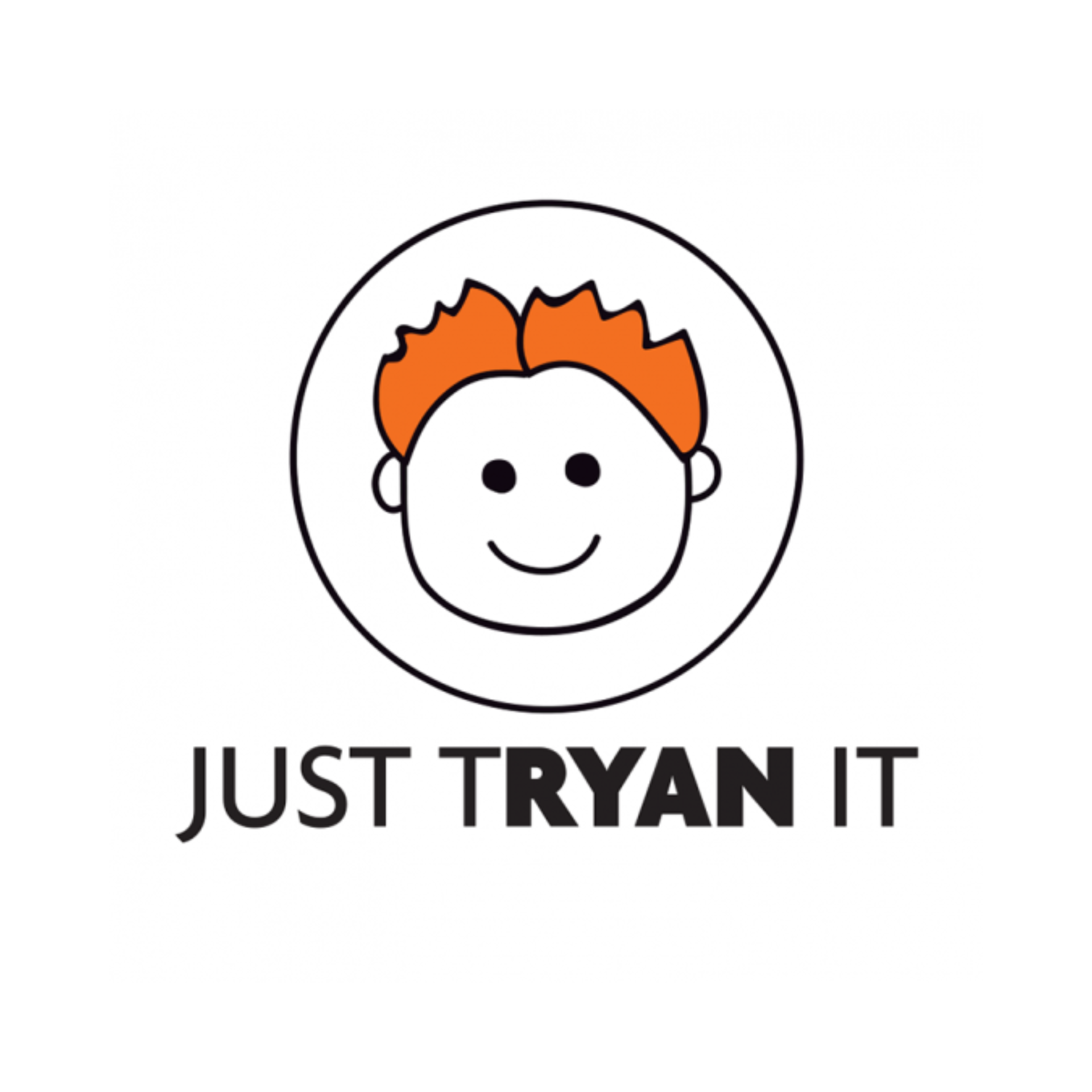 A cartoon drawing of a smiling person with orange hair inside a circular outline, with the text "JUST TRYAN IT" below.