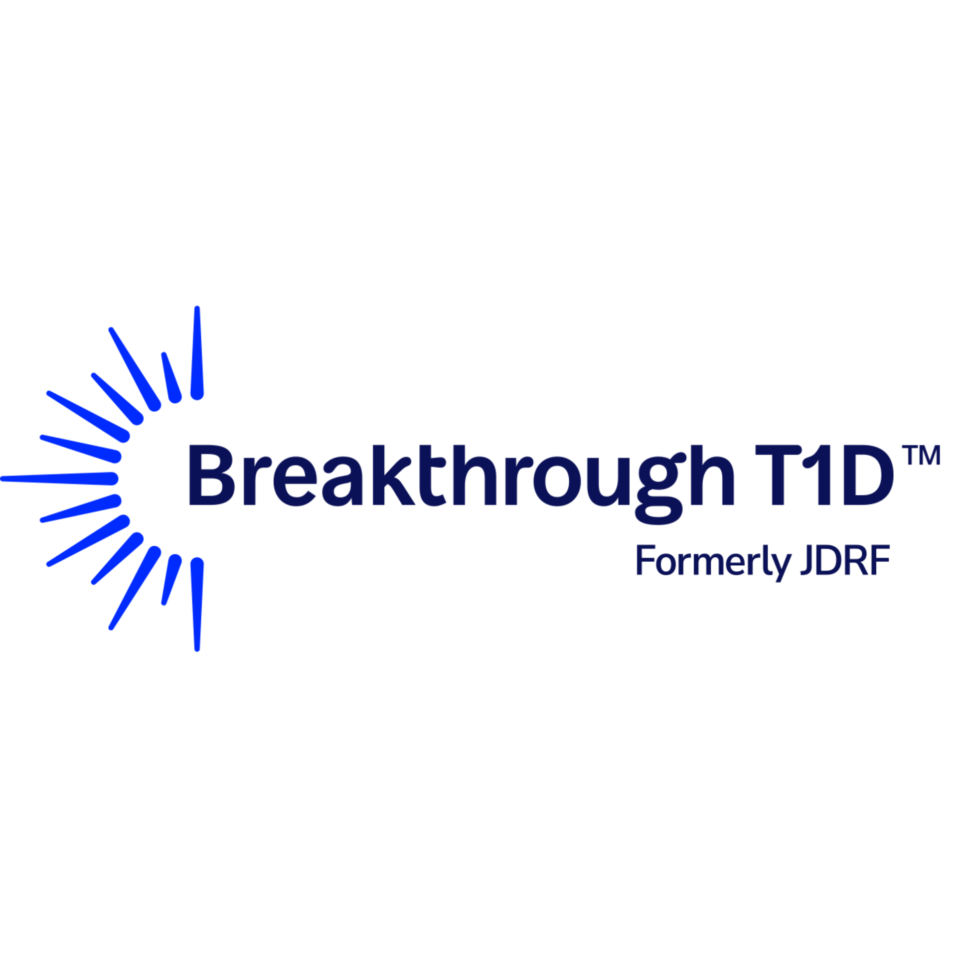 Logo with blue abstract sunburst design, text reads 'Breakthrough T1D' in large font, with smaller text underneath 'Formerly JDRF'.