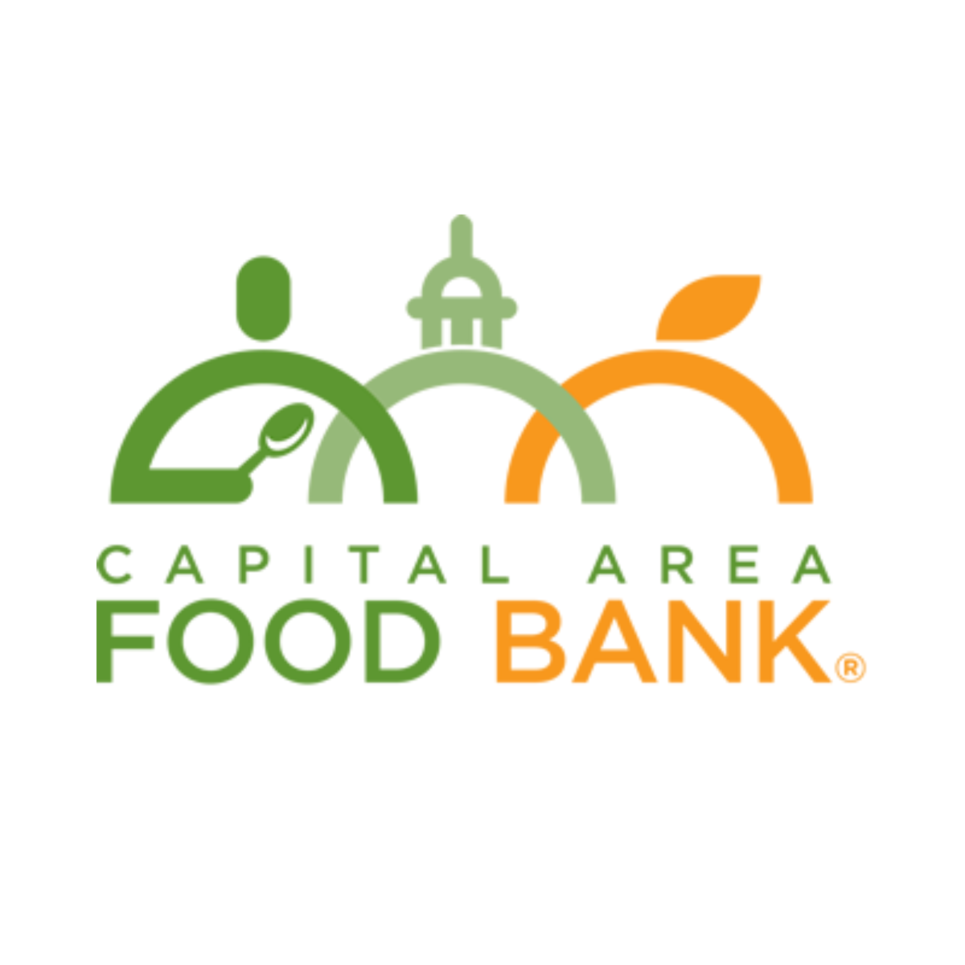 Logo of Capital Area Food Bank featuring stylized green and orange icons of a person, a church, and a fruit, with text 'Capital Area Food Bank'.