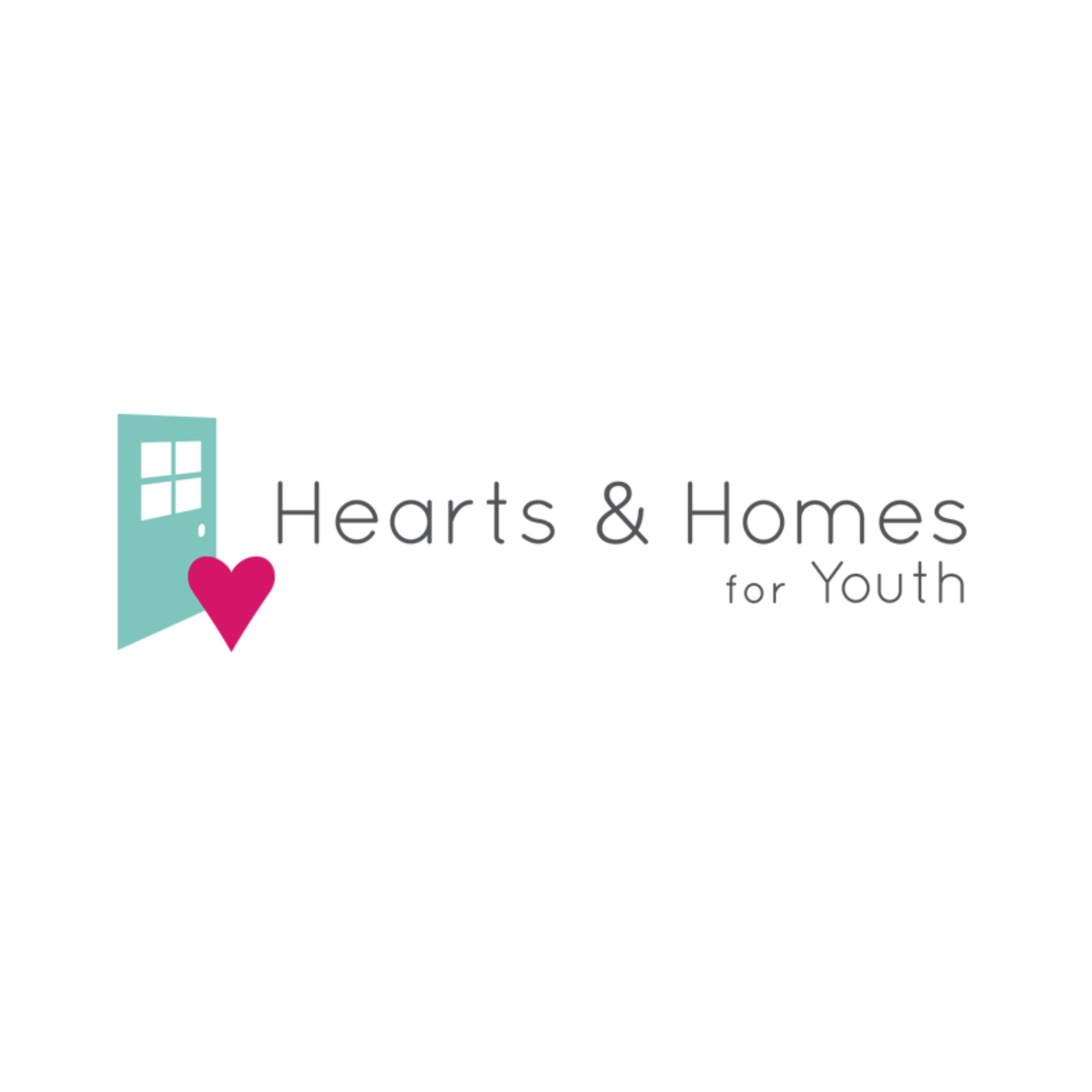 A logo for Hearts & Homes for Youth featuring a teal house door with a pink heart and the text 'Hearts & Homes for Youth' in black.