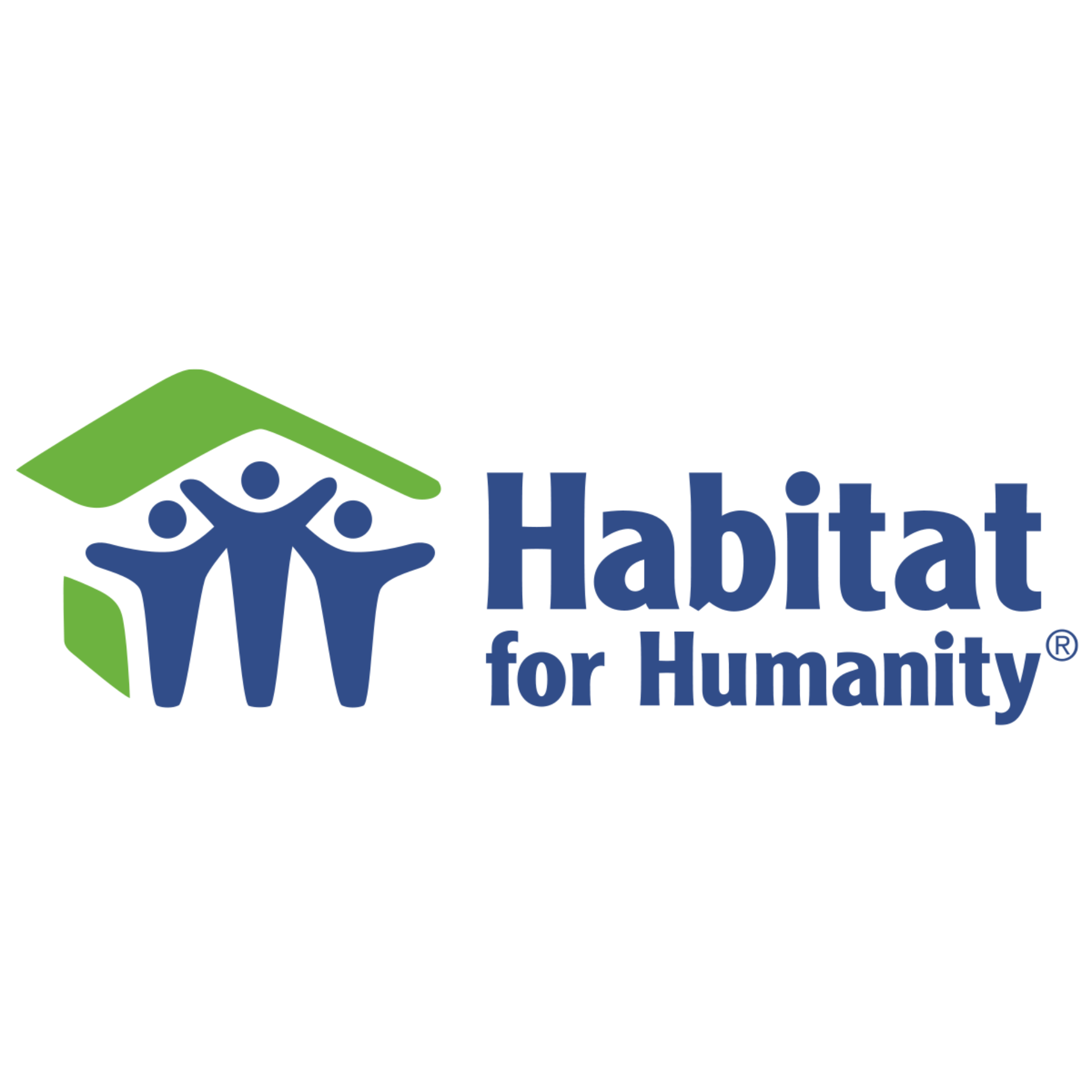 Habitat for Humanity logo featuring three blue human figures holding hands under a green roof.