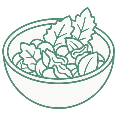 Line drawing of a bowl of salad with lettuce and other leafy greens.