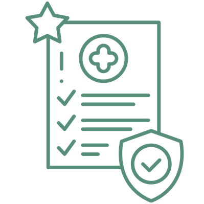 Medical certificate or report with checkmarks, shield with checkmark, and star symbol.