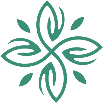 A stylized abstract floral design with four leaf-like shapes and small leaves around the central pattern.