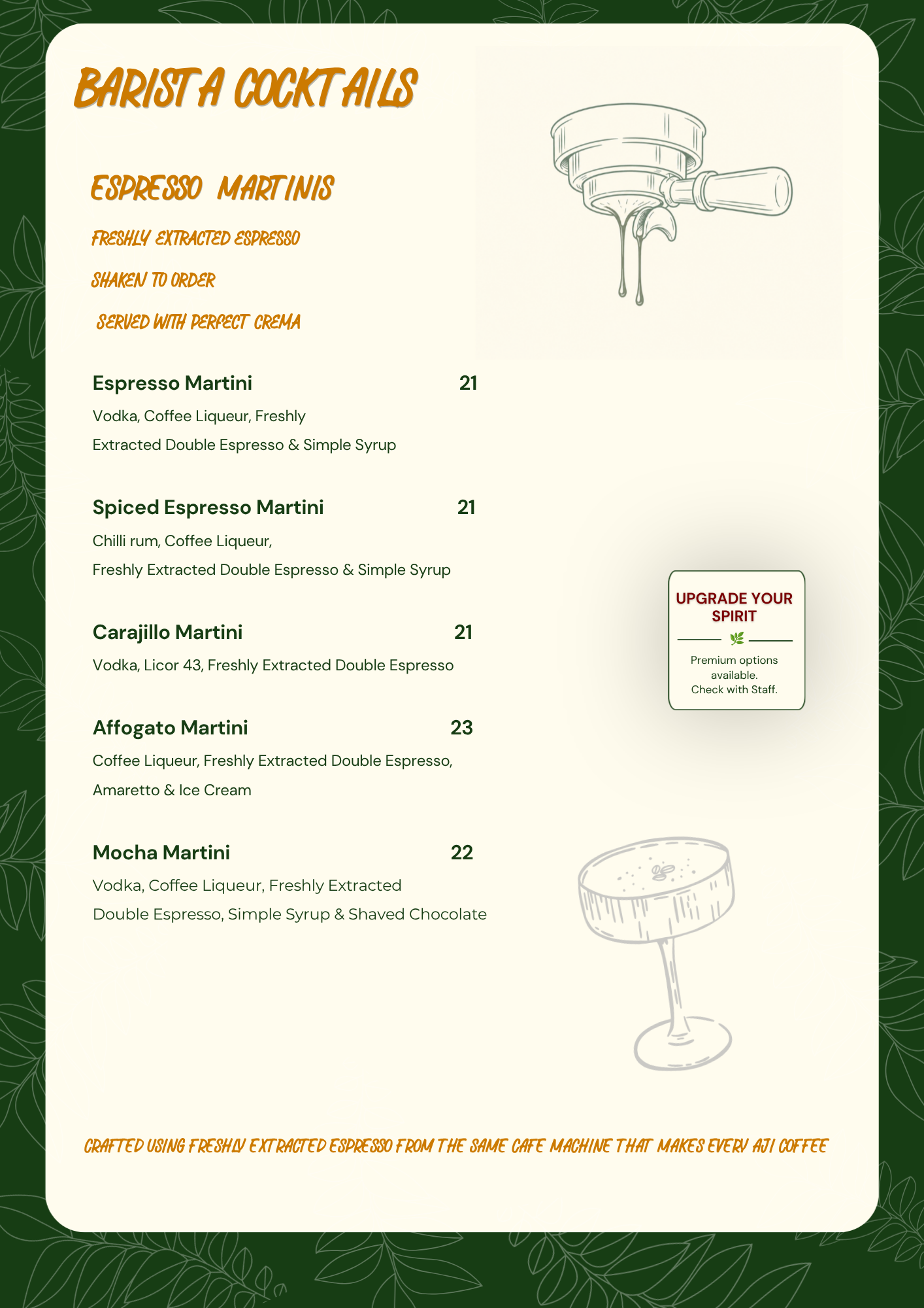 Selection of barista made coffee cocktails such as espresso martini, spiced espresso martini, carajillo martini, affogato martini, and mocha martini, with illustrations of espresso machines and cocktails.