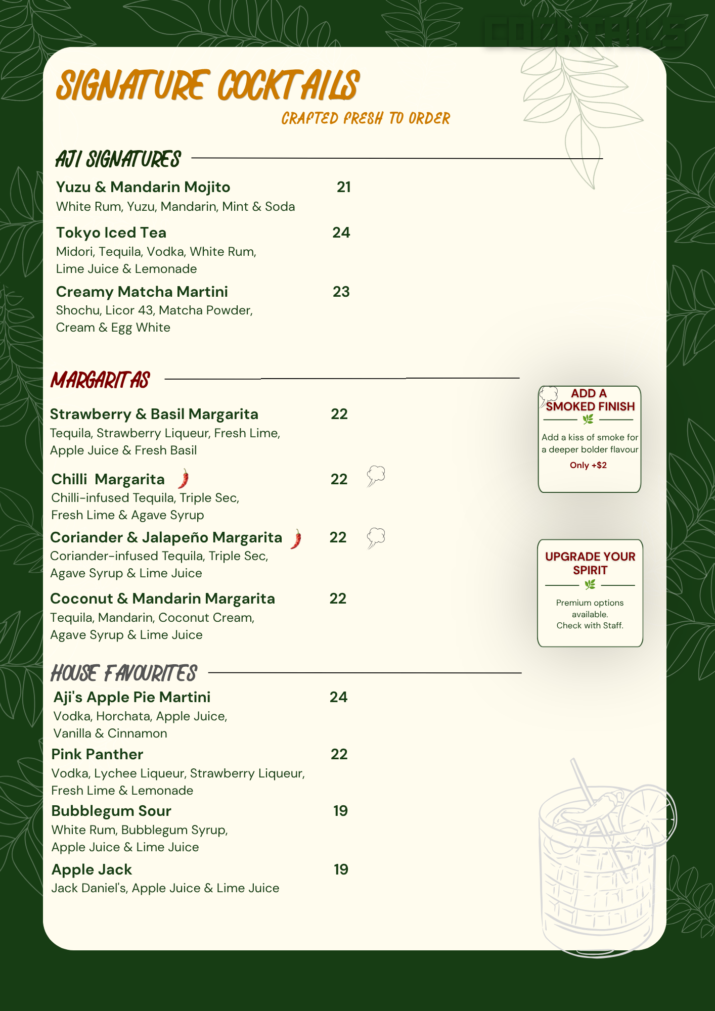A beverage menu with a green leafy border, listing signature cocktails, margaritas, house favorites, and a note about adding a smoked finish. The menu features drinks like Yuzu & Mandarin Mojito, Tokyo Iced Tea, and various margaritas and house drinks, with prices next to each item. There is a faint, stylized illustration of a cocktail glass in the bottom right corner.