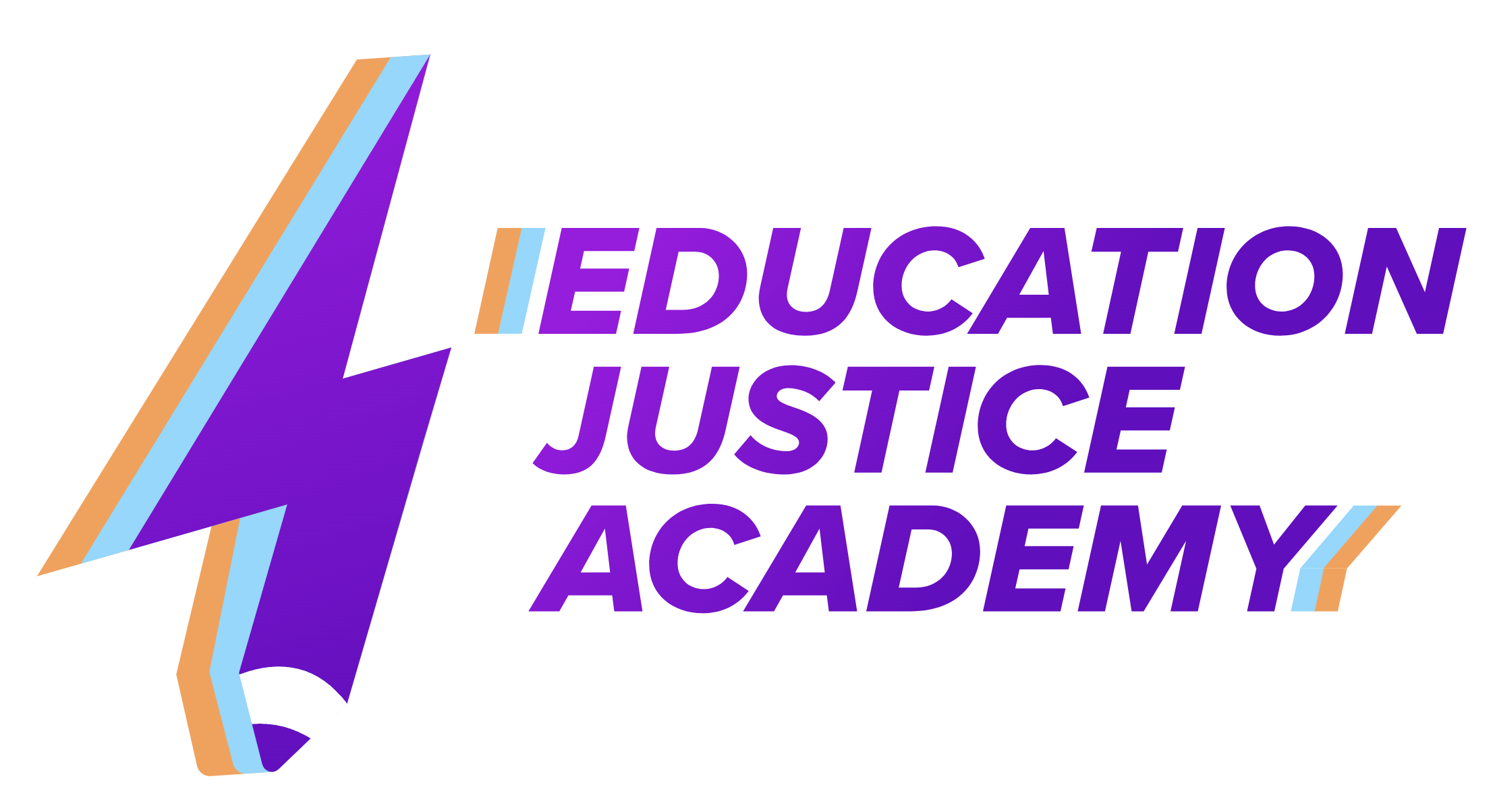 A purple lightning bolt with orange and light blue outlines next to the text 'Education Justice Academy' in bold purple letters.