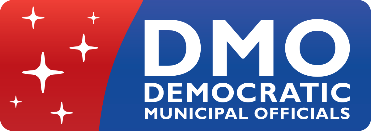 Logo for Democratic Municipal Officials featuring a red background with white stars and blue background with white text that says 'DMO Democratic Municipal Officials.'