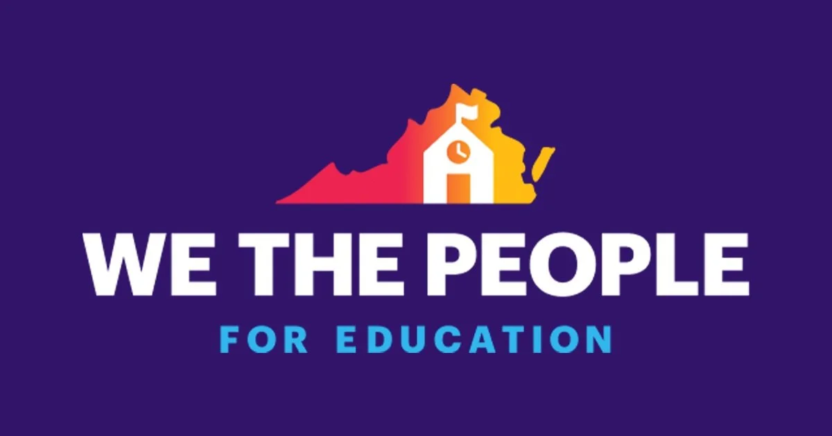 Logo with a silhouette of the state of Virginia, incorporating a schoolhouse with a clock and a flag, and text that says "WE THE PEOPLE FOR EDUCATION" in white and blue letters on a purple background.
