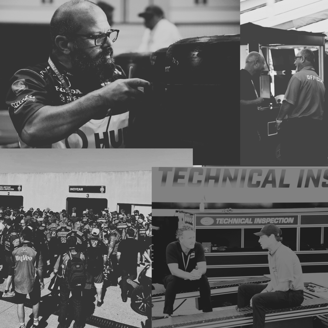 Black and white collage of a racing event: a mechanic working on a car, two officials discussing at a technical inspection, a crowded paddock area with racing teams, and two people having a conversation during a technical inspection.