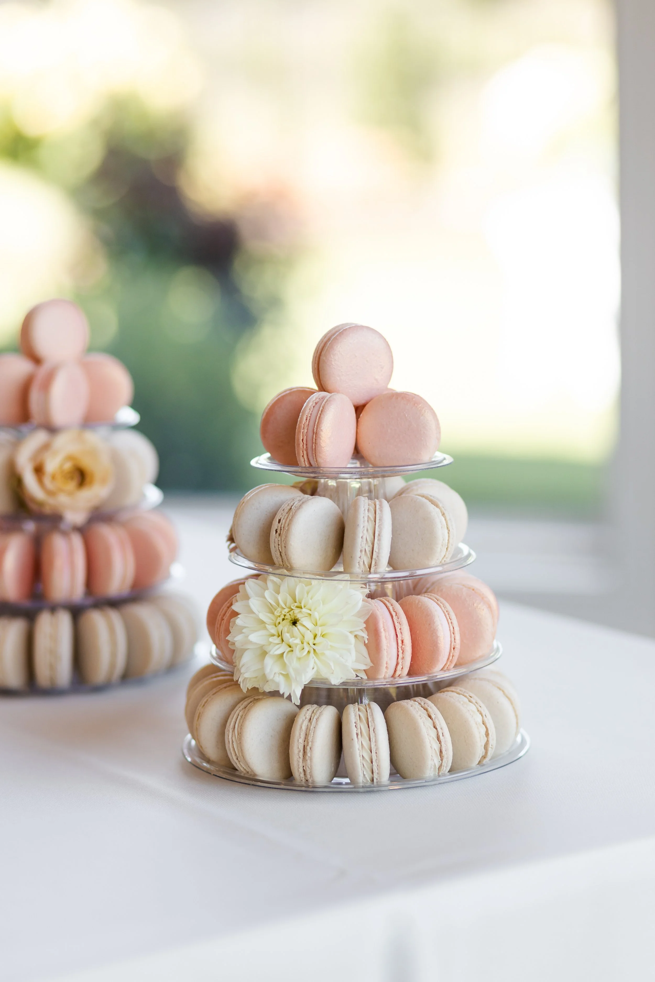 White and blue macaron tower with white roses