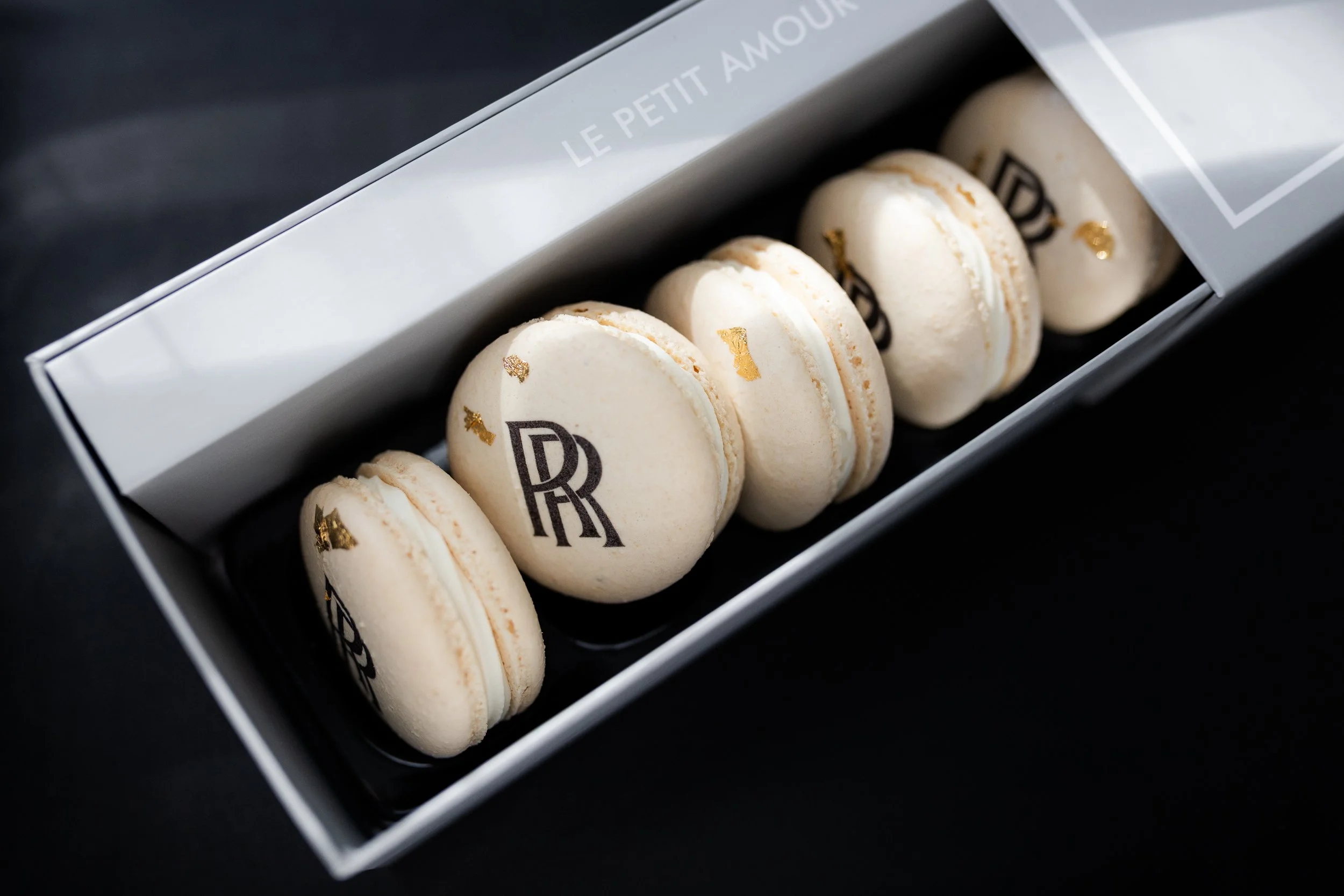 Rolls Royce custom printed macarons in a 6-pack box