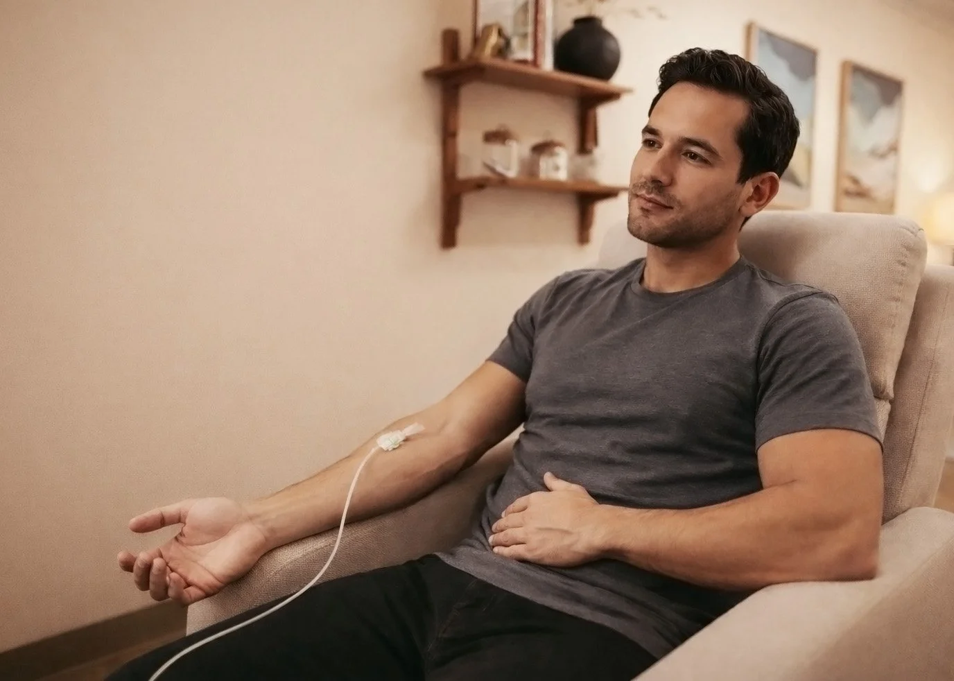 Fit man in his mid-30s receiving hormone therapy via IV infusion in a spa-like medical clinic, seated comfortably with a relaxed expression
