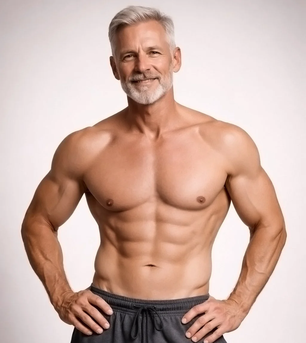 Shirtless older man with a moderately toned physique shown from the front down to mid-thigh, representing men’s hormone optimization and healthy aging