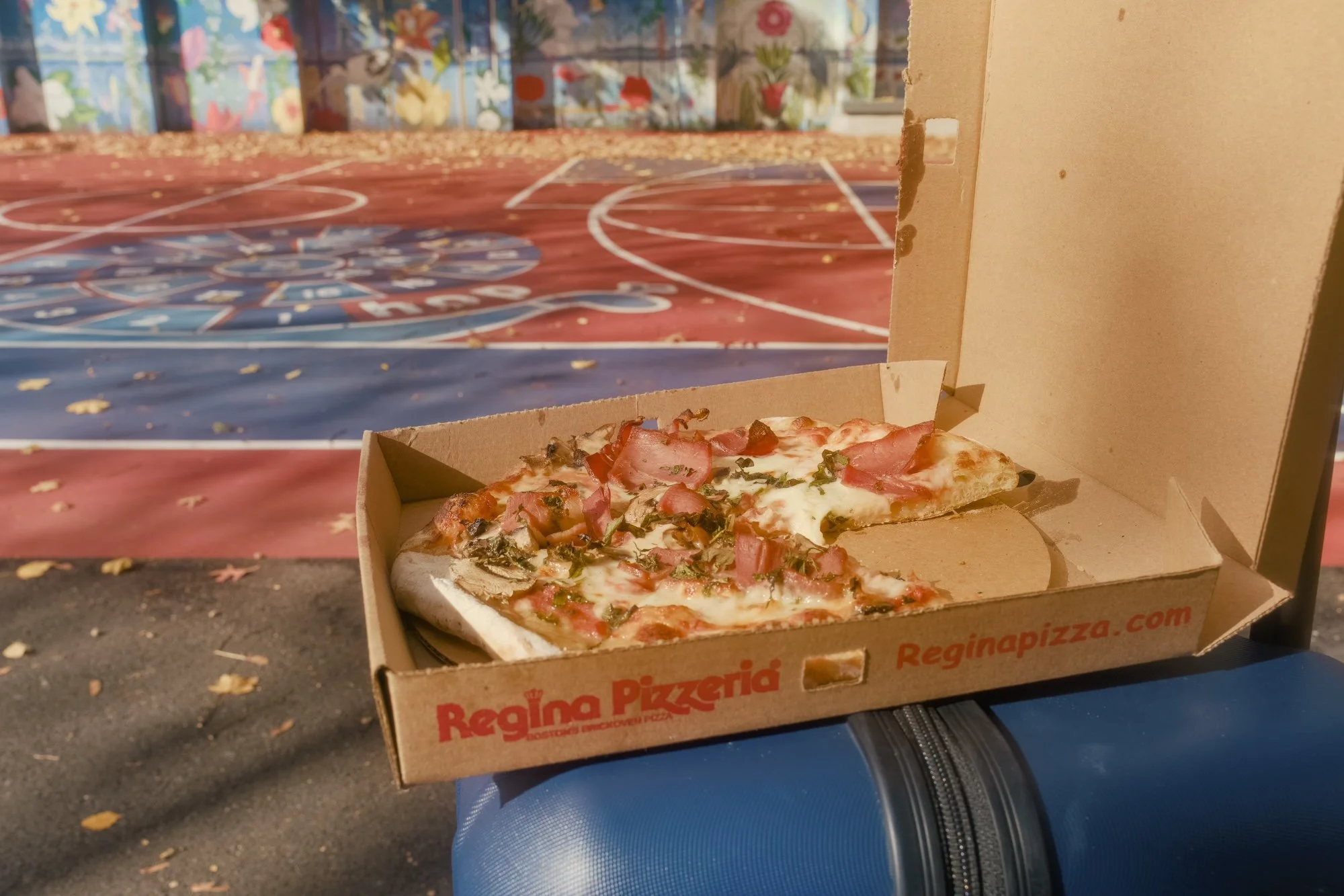 Photo of Pizzeria Regina pie in its opened box. The box sits on top of my suitcase. A neighborhood park's empty basketball court is in the background.