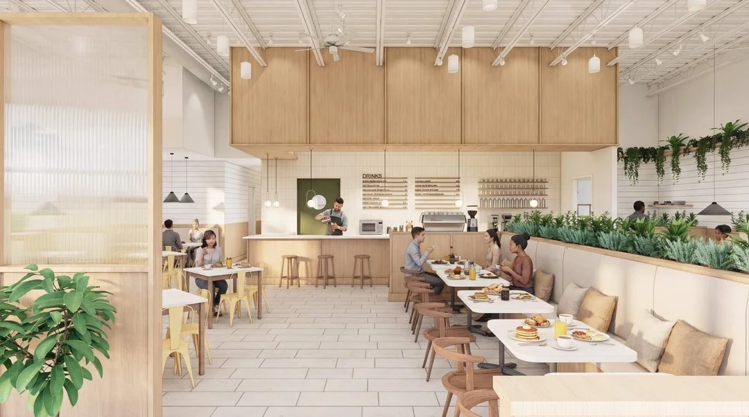 Mornings Right Brunch Restaurant - Warm white oak with neutral color palette soften the atmosphere while greenery weaves through line of sight bringing the volume to the human-scale.
.
.
.
#StudioLema #lemaarchitecture #texasarchitect  #mckinneytx #c