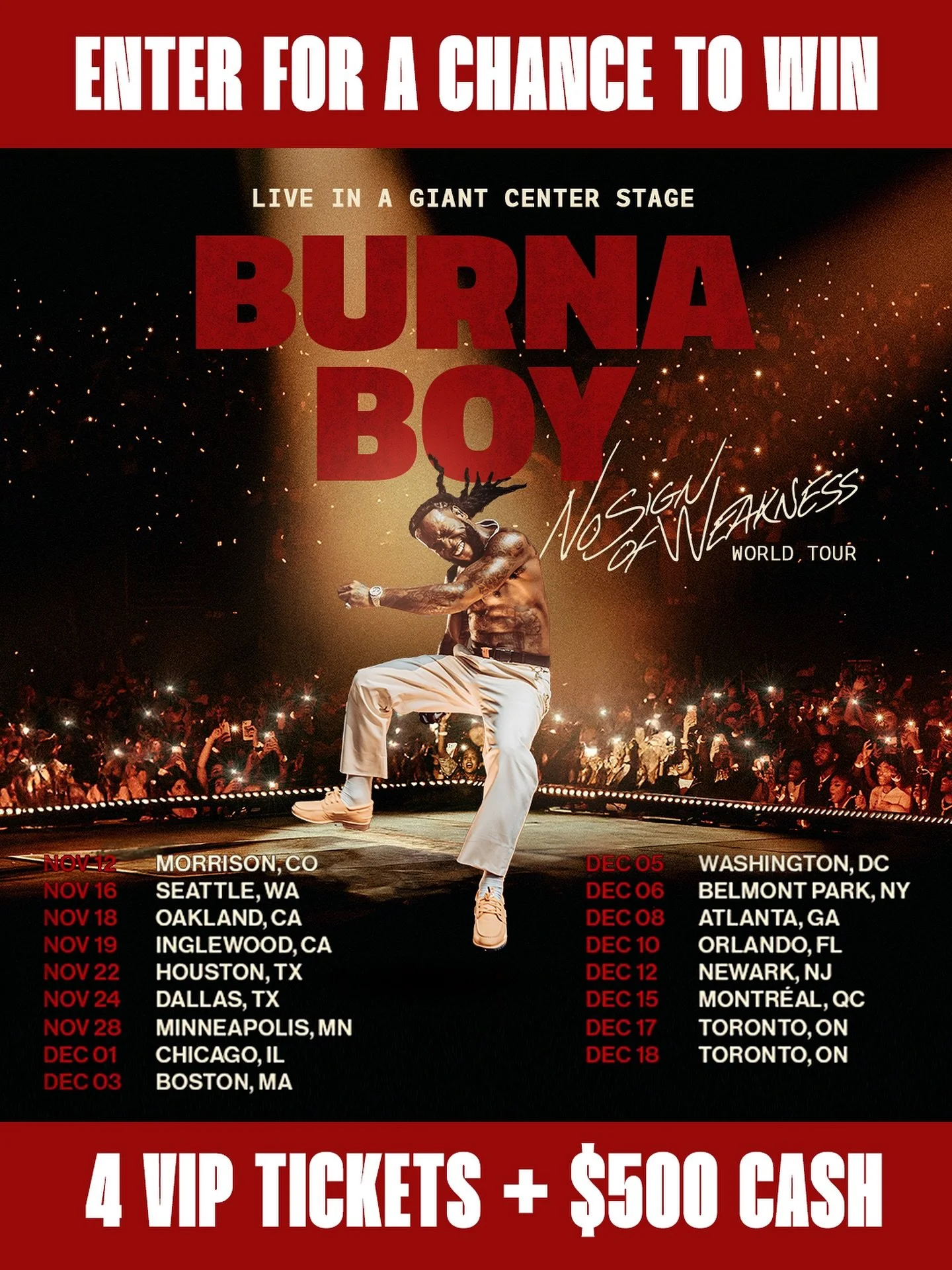 🚨 WIN BIG WITH BURNA BOY &amp; ATTW 🔥

Afrobeats To The World is giving YOU the chance to win 4 VIP tickets to any stop on Burna Boy&rsquo;s No Sign of Weakness North American Tour + $500 to party right 💃🏾💰

Hit the link in bio to enter now or C