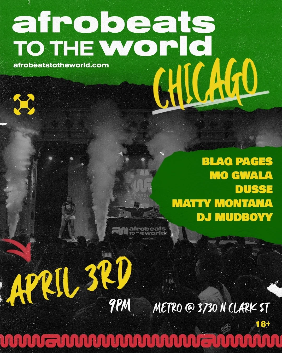 CHICAGO 🔥
You already know what time it is 🌍🎶

April 3rd | Afrobeats To The World

🎧 @blaq.pages @mo_gwala @djmattymontana @officialdusse @djmudboyy 
💃 @nksogorgeous

Limited Group deals still available 👯&zwj;♂️