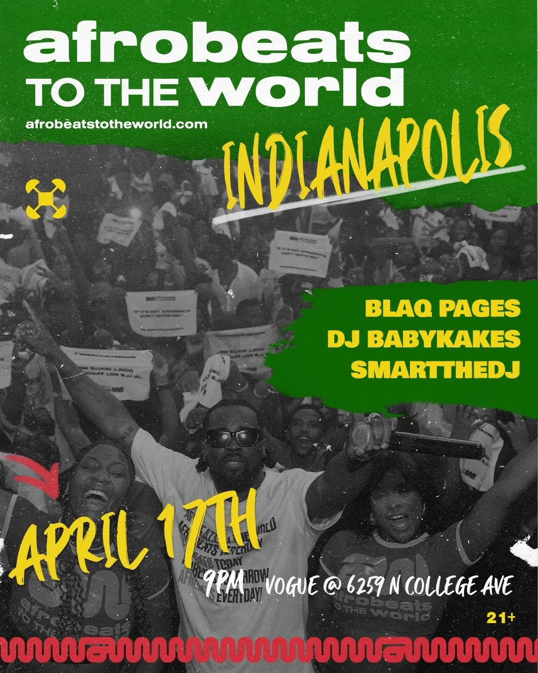 INDIANAPOLIS 🔥
First time in the city&hellip; let&rsquo;s make it COUNT 🌍🎶

Afrobeats To The World
📅 April 17

🎧 @blaq.pages @smartthedj @uncle.kakes 
💃 @nksogorgeous @cuteben3000 

Early Birds SOLD OUT
Group discounts still available 👯&zwj;♂️