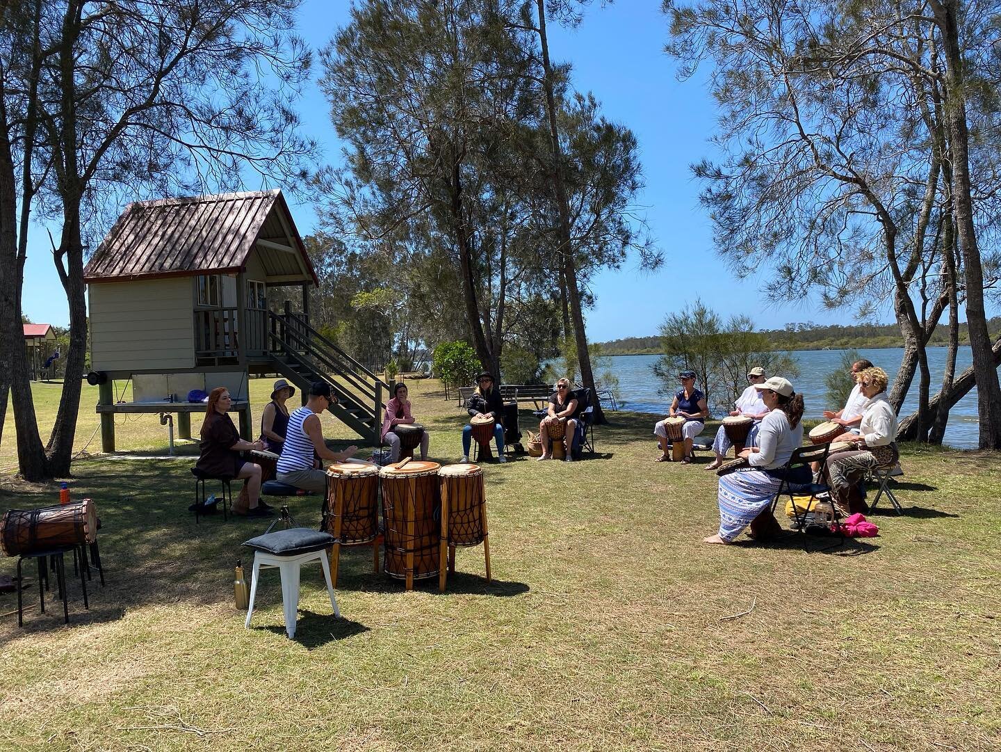 We had such a fantastic couple of days drumming our hearts out by the waters of Micalo Island in Yamba. Thanks to Jan Armstrong for sharing your beautiful property with us. Thanks also to those drummers new to the drummergirl community who trusted me