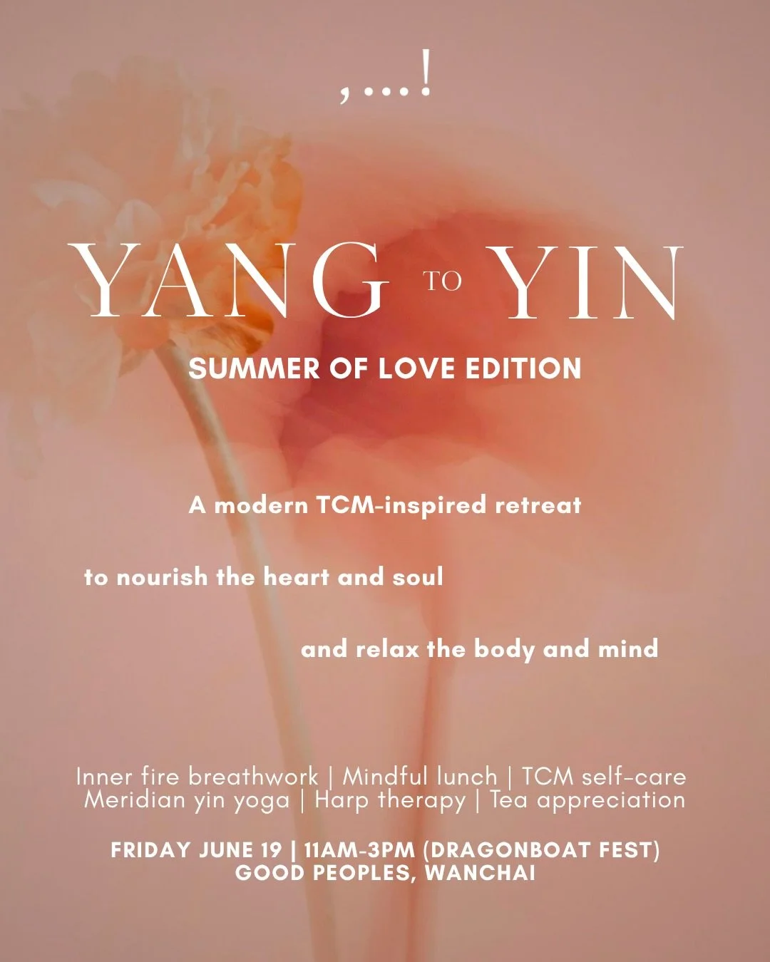 The next edition of our modern TCM retreat further elevates our last experience &mdash; the same blissful breathwork, relaxing meridian yoga and enveloping harp healing, but with more knowledge-sharing and self-care practices.

Yang to Yin, the Summe