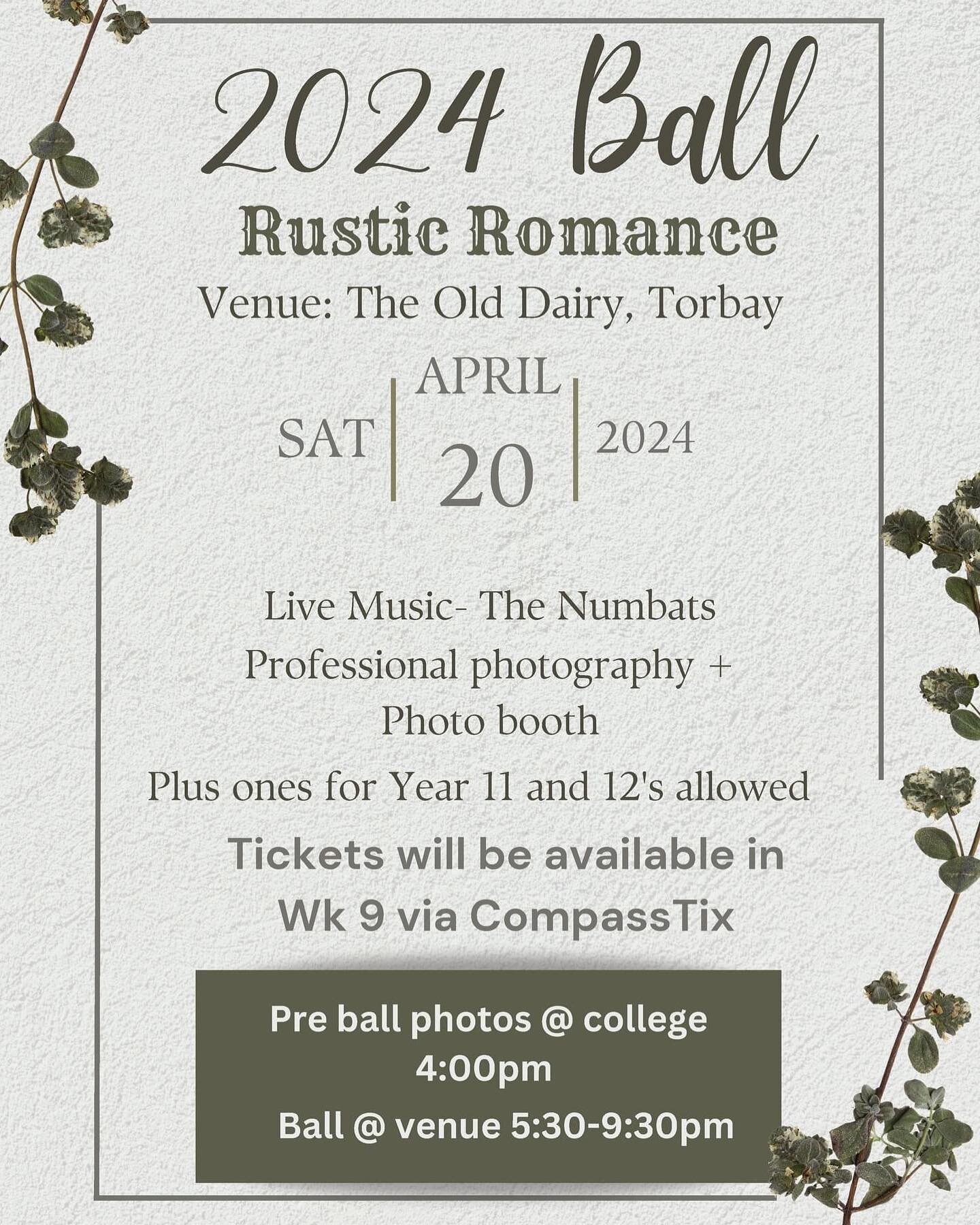 Just a few more weeks to go until our School Ball! This year the Ball will be held at The Old Dairy in Torbay and the theme is Rustic Romance. We can&rsquo;t wait to see you all there!
.
.
.
.
.
#schoolball #ball2024 #denmarkwa #wacoa_denmark #wacoll