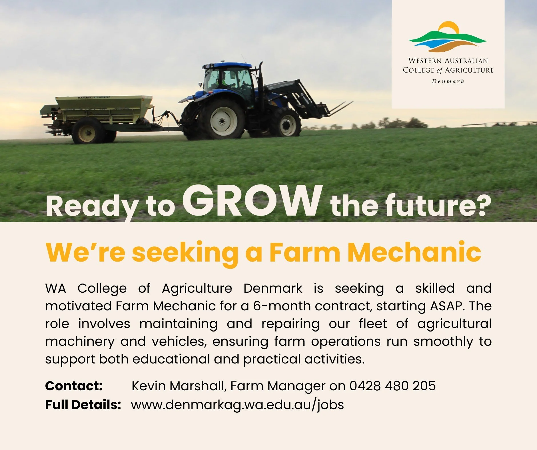WA College of Agriculture Denmark is seeking a skilled and motivated Farm Mechanic for a 6-month contract, starting ASAP. The role involves maintaining and repairing our fleet of agricultural machinery and vehicles, ensuring farm operations run smoot