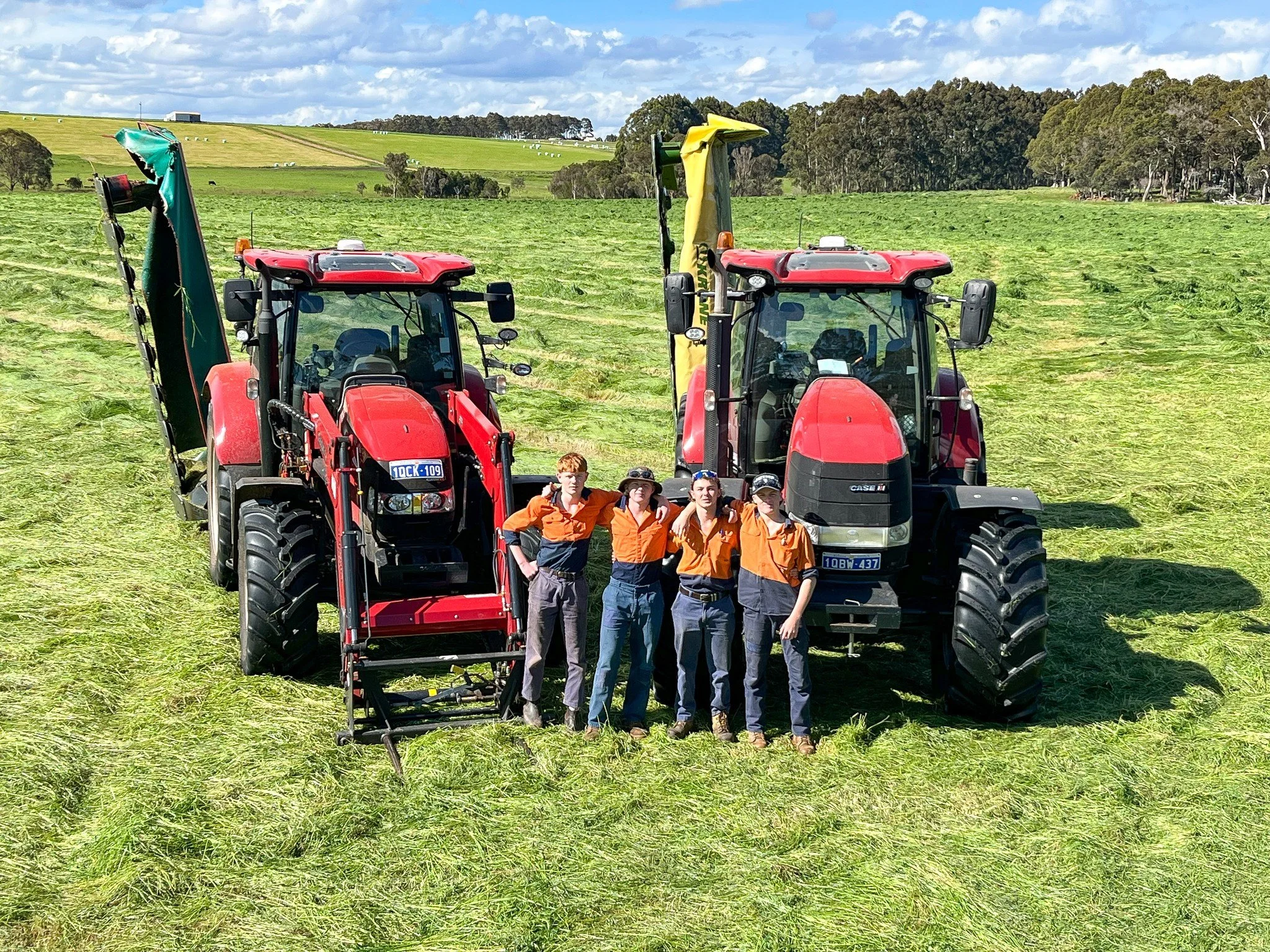 The h(A)y Team 🌾
Silage harvesting is in full swing with our h(A)y team &mdash; Louis Ford, Jeremy Rose, Eric Spycher, and Kody Mottram &mdash; working alongside our dedicated farm staff.

Grass was cut early Sunday morning, but things came to a hal