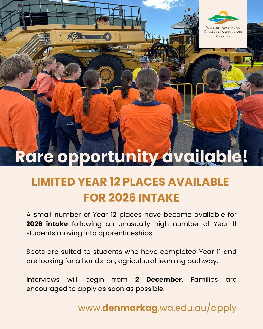 Rare opportunity for 2026 🌾

Limited Year 12 places have become available after a number of our Year 11 students secured apprenticeships for next year. These places are ideal for students who have completed Year 11 and want a hands-on agricultural l