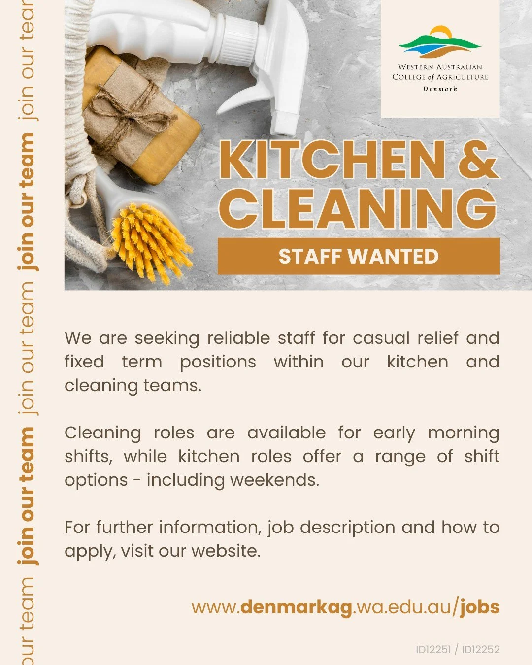 Kitchen &amp; Cleaning Staff Wanted 🍽️🧹

We are currently seeking reliable and motivated staff to join our kitchen and cleaning teams. Casual relief and fixed term opportunities are available, with morning shifts for cleaning staff and a range of k