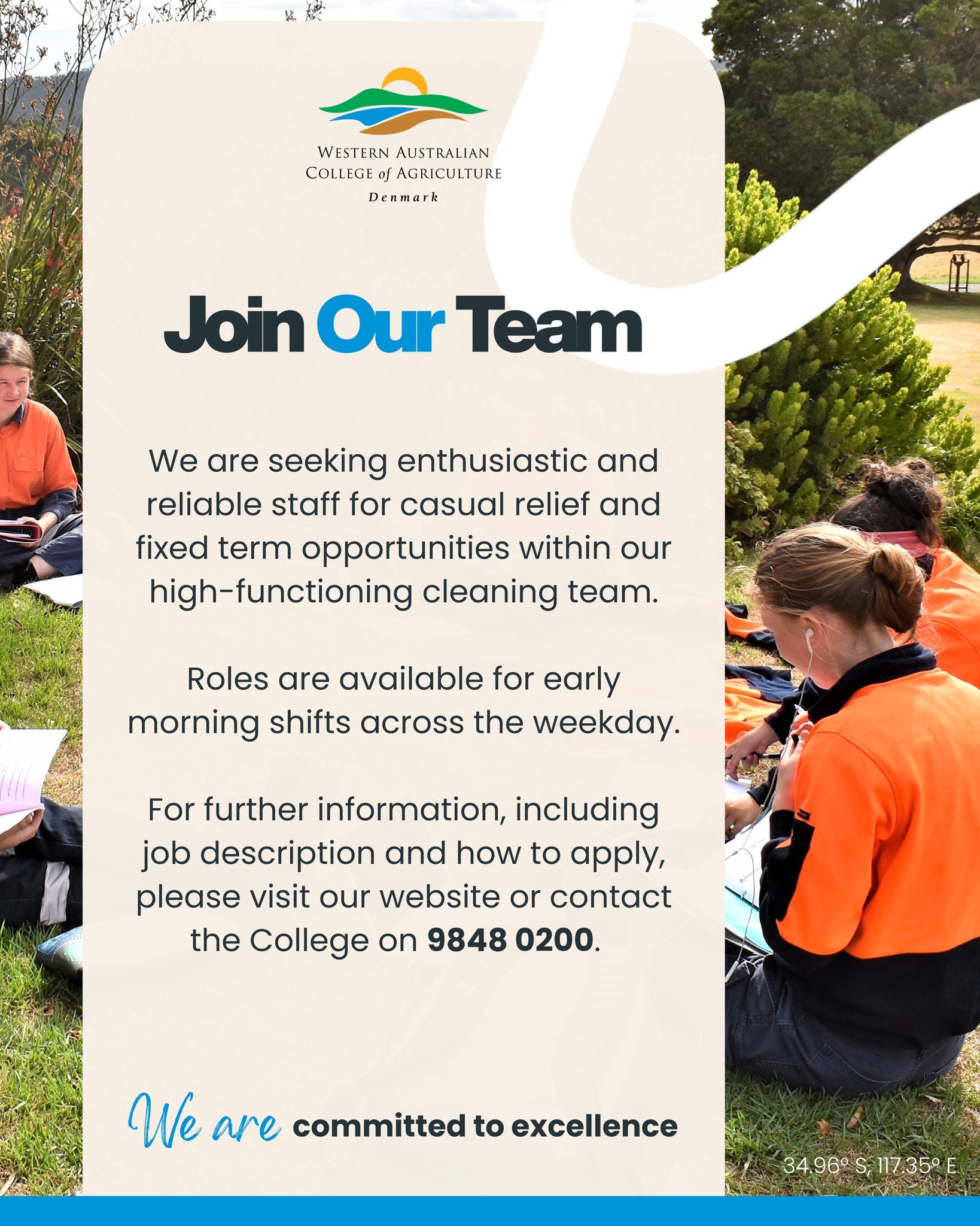 Join a team that makes a difference! 🧼✨

At the WA College of Agriculture - Denmark, our campus is more than just a school&mdash;it&rsquo;s a home for over 96 boarding students and a school to 150 students. We are seeking reliable and dedicated indi