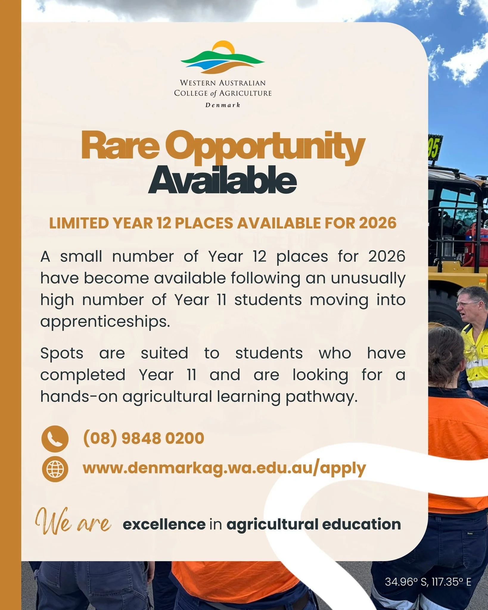 Ready for a change of scenery for your final year of school? 🌾

At the WA College of Agriculture - Denmark, we trade four walls for the open air. We have a rare opening for Year 12 spots in 2026 for students who prefer learning by doing.

Whether it