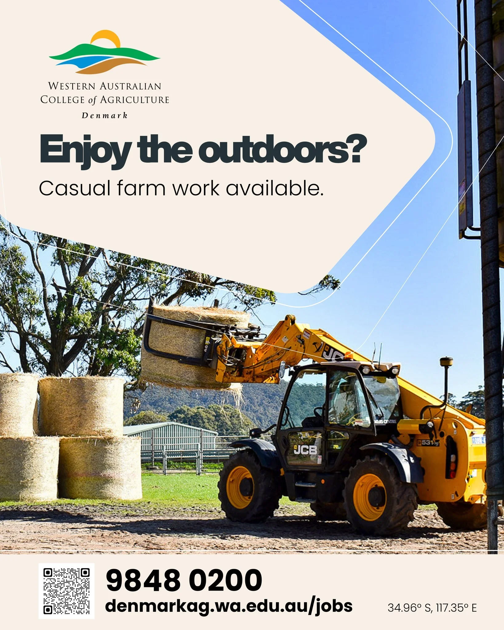 🎓 LOVE FARMING? HELP US SHAPE THE NEXT GENERATION.

Are you an experienced farmer or ag-professional looking for a role with a purpose? WA College of Agriculture &ndash; Denmark is seeking farm staff to join our team on a casual basis.

This isn't j