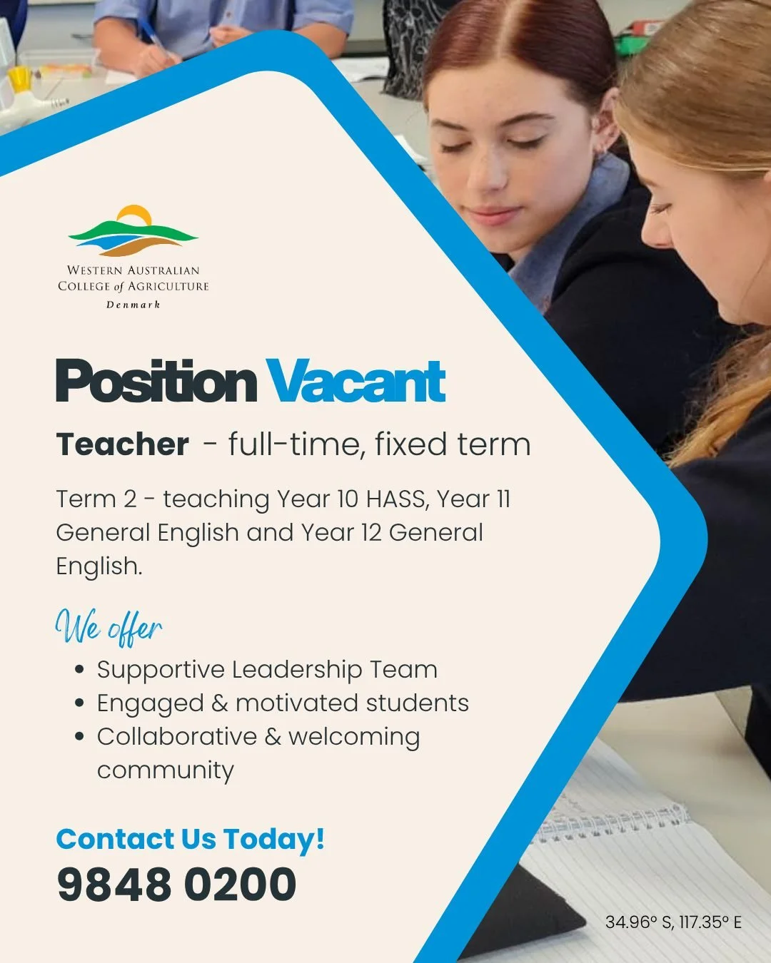 📢 Position Vacant &ndash; Teacher

We&rsquo;re looking for a passionate educator to join our team at the Western Australian College of Agriculture &ndash; Denmark.

📚 Teaching:
&bull; Year 10 HASS
&bull; Year 11 &amp; 12 General English

📅 Full-ti