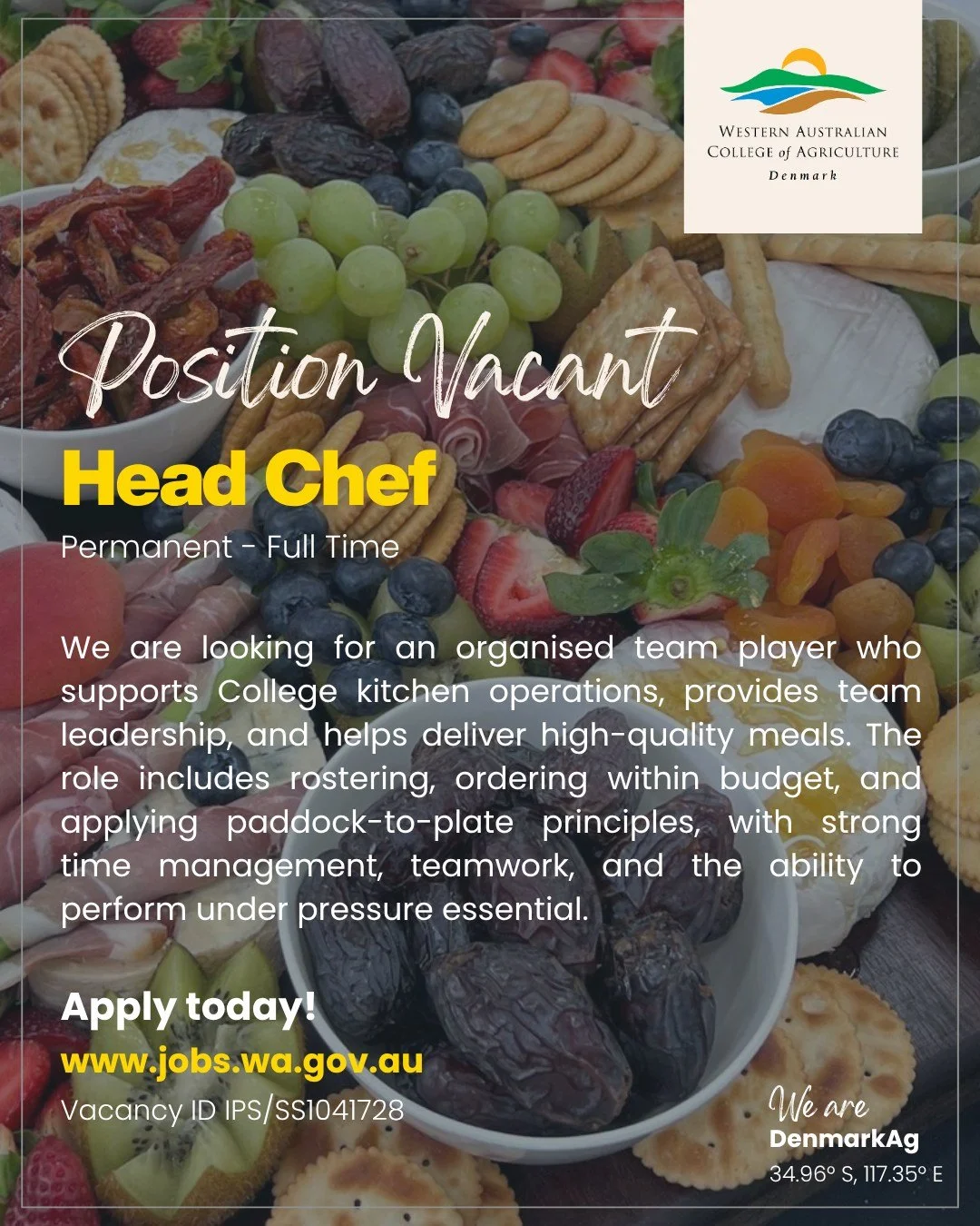 🍽️ Join our team at WA College of Agriculture &ndash; Denmark! 🌱

We are seeking an enthusiastic and organised Chef to lead our College kitchen, delivering high-quality, nutritious meals while embracing paddock-to-plate principles with fresh, local