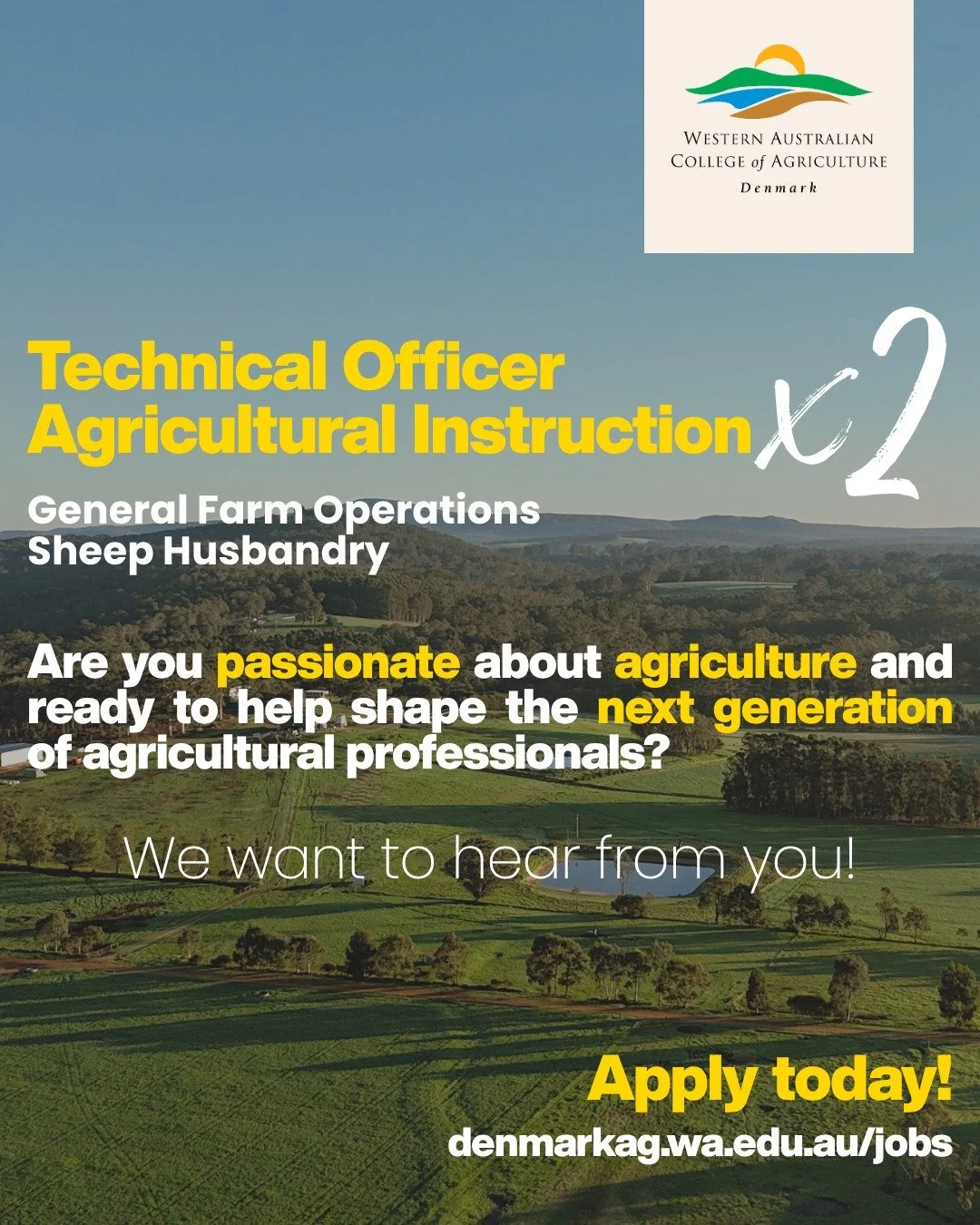 🌱 Join the team shaping the future of agriculture at WA College of Agriculture &ndash; Denmark 🌱

We are seeking motivated Technical Officers &ndash; Agricultural Instruction to join our College from Term 3, 2026.

🚜 2x Permanent Full-Time Positio