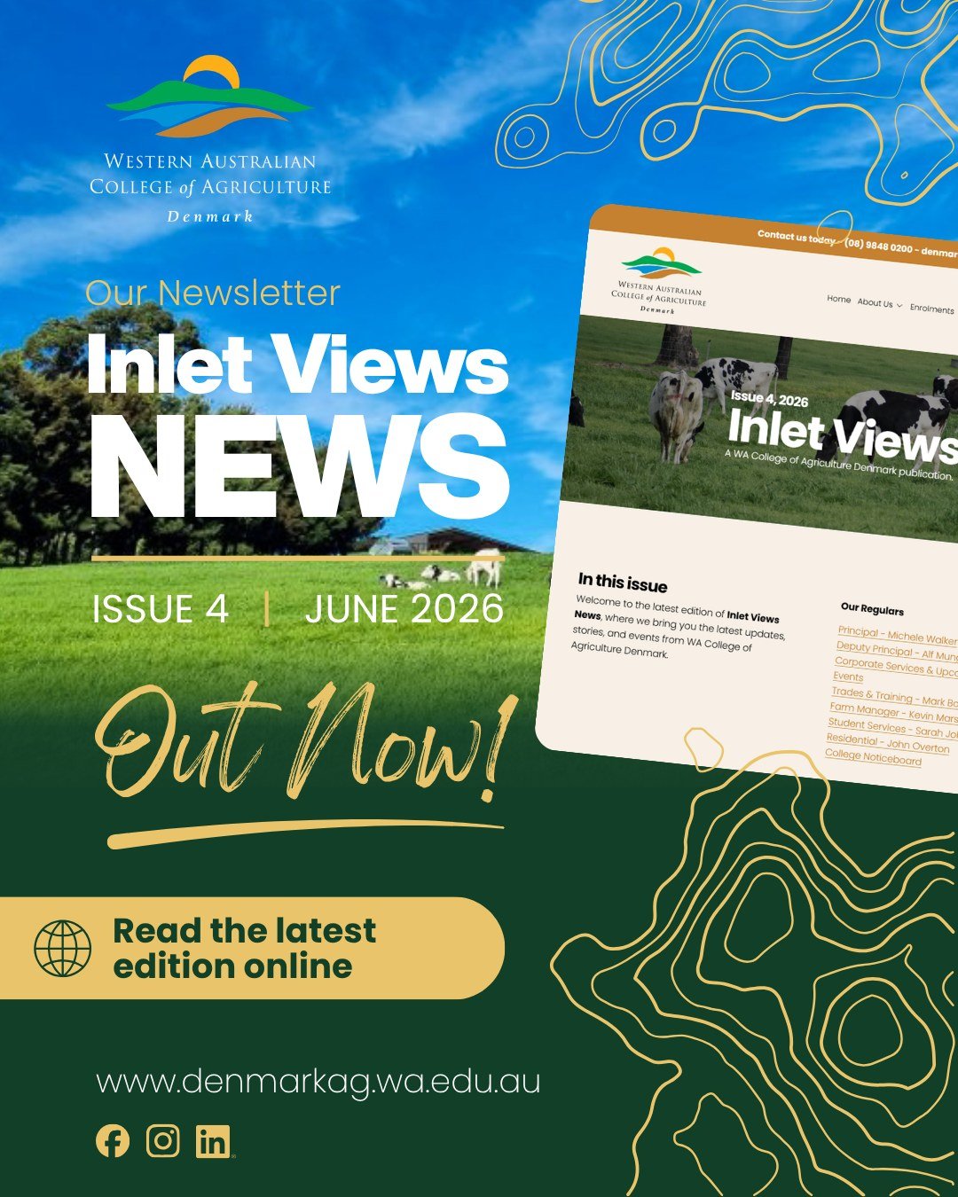 📢 Our latest edition of the Inlet Views Newsletter is now available!

Take a look at what's been happening around the College this term, including student achievements, classroom learning, farm updates, residential life, excursions, industry experie