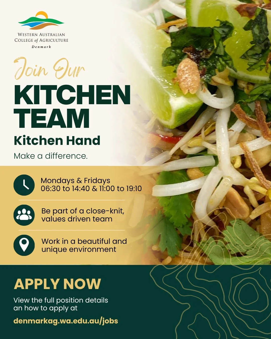 🍽️ Join Our Kitchen Team! 👩&zwj;🍳

We're hiring two Kitchen Hands to join the team at the Western Australian College of Agriculture &ndash; Denmark.

If you enjoy working in a fast-paced environment and want to make a real difference to the lives 