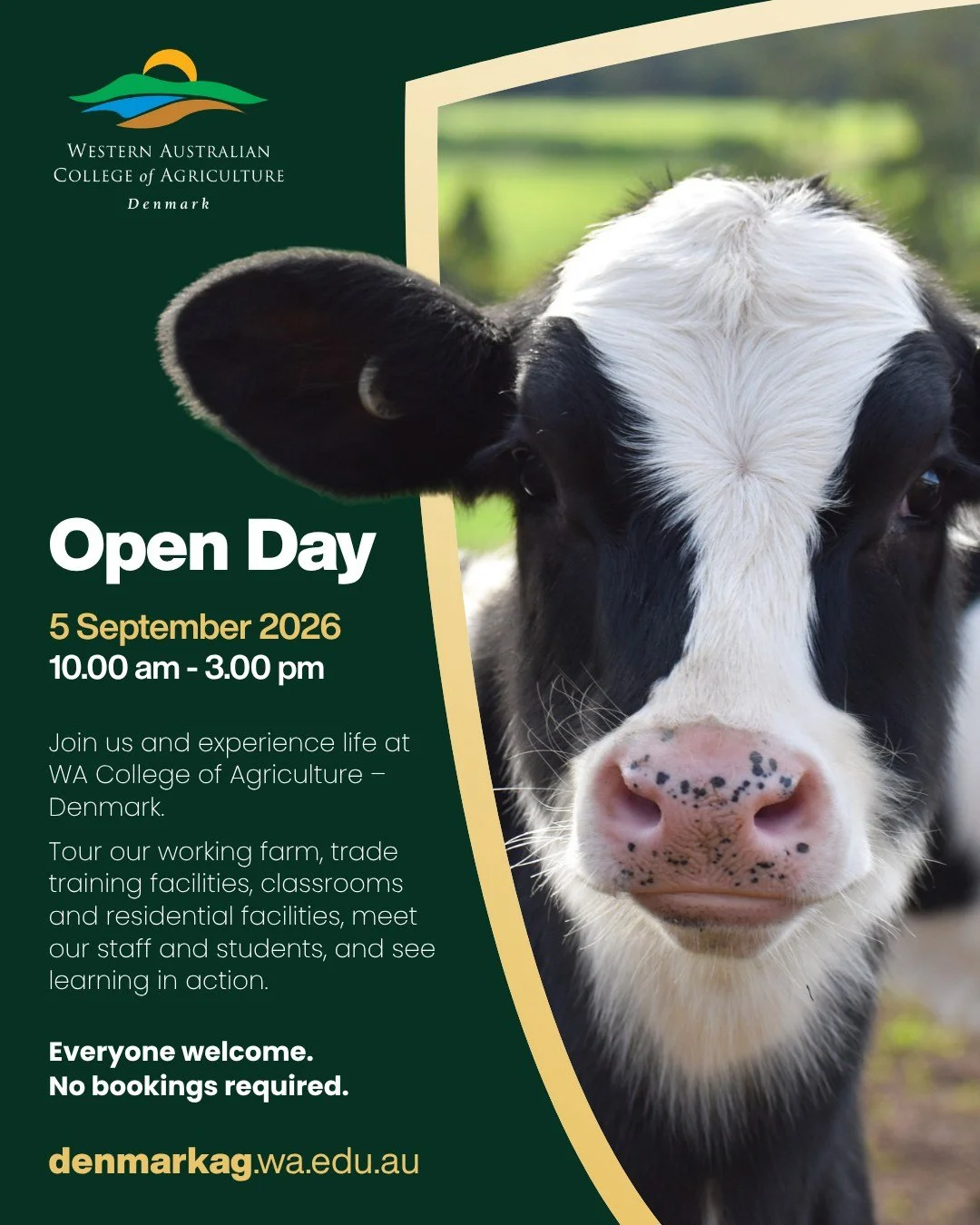 📅 You're Invited to Open Day!

Discover what makes the WA College of Agriculture &ndash; Denmark unlike any other school.

Join us for a day of hands-on experiences, live demonstrations and guided tours as you explore our working farm, trades and tr