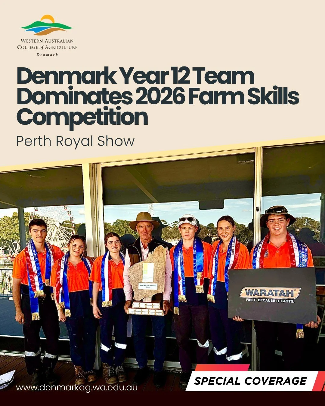 🏆 DENMARK YEAR 12 ARE FARM SKILLS CHAMPIONS! 🏆

What a day for our Year 12 team at the 2026 Farm Skills Competition at the Perth Royal Show!

WA College of Agriculture &ndash; Denmark has taken out the Farm Skills Competition!

Our Year 12 students