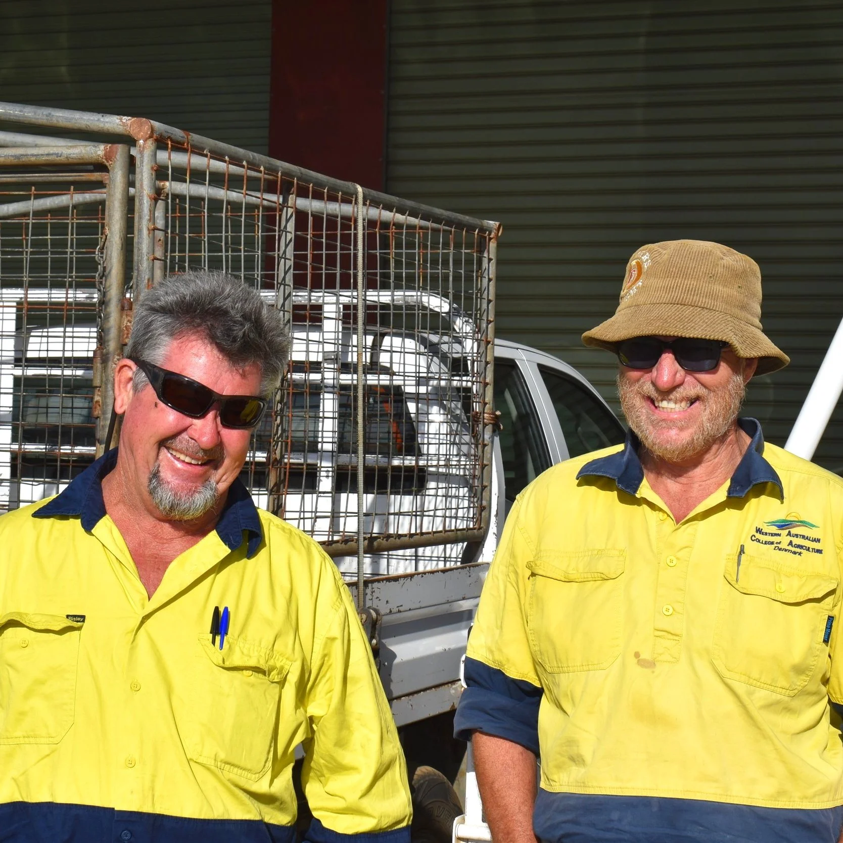 Two men wearing yellow and navy work shirts, sunglasses, smiling, standing outdoors near a gray truck carrying white birds in a cage.