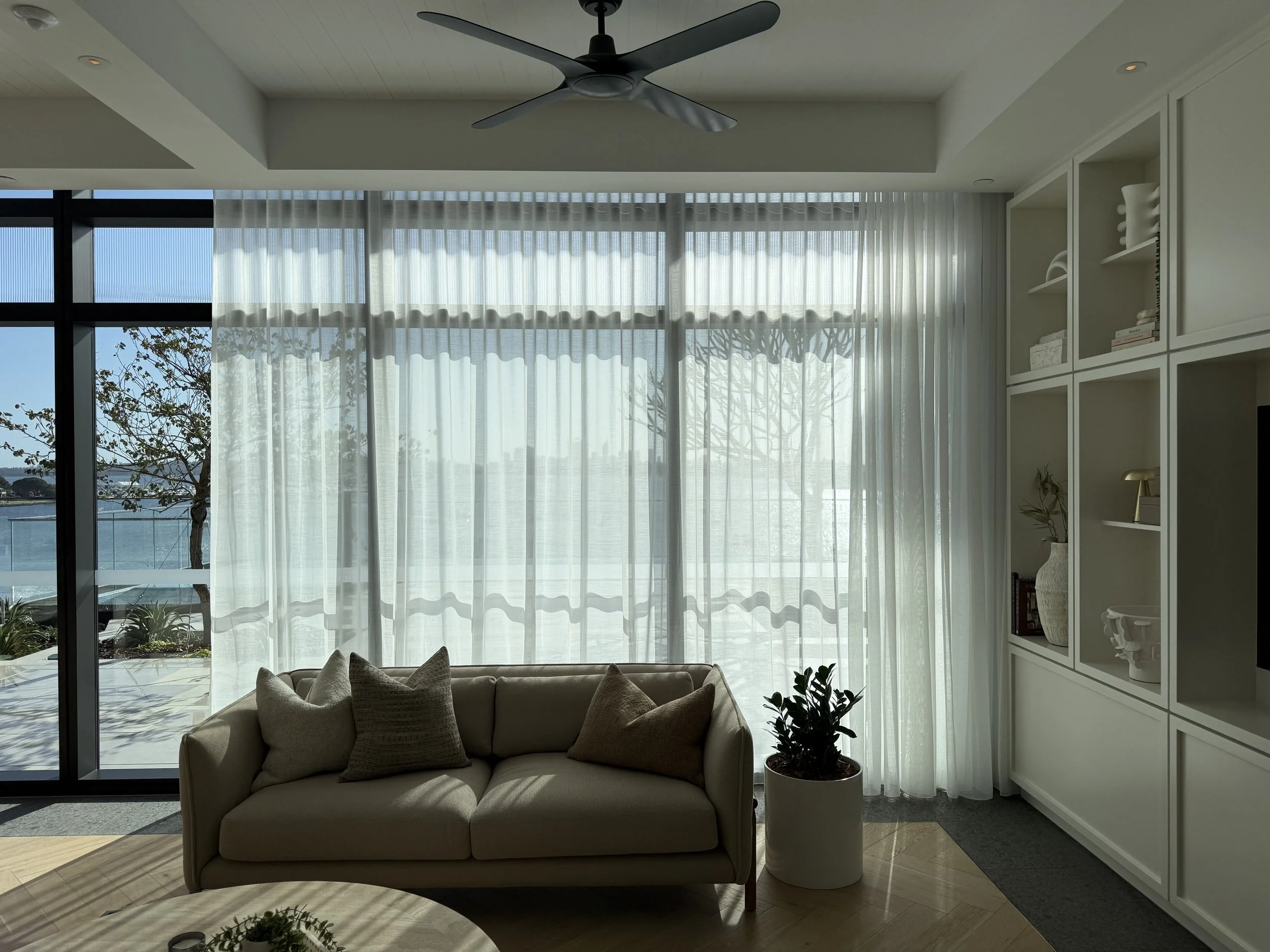 S-Wave curtains large window Perth living room floor-to-ceiling installation