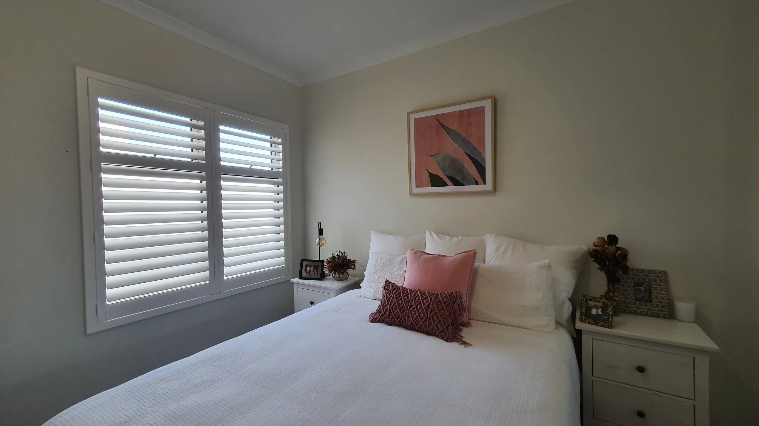 White Polysatin shutters in a Perth girl's bedroom