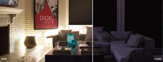 Before and after comparison of blackout blind system in Perth living room showing complete darkness with sealed system eliminating all light gaps